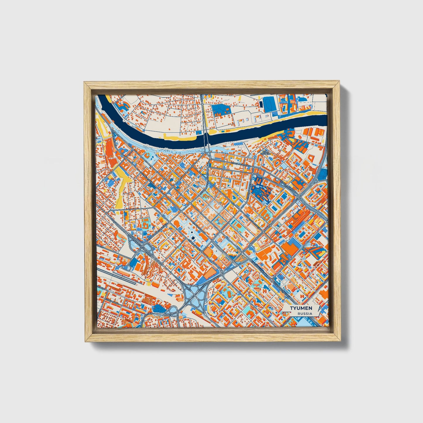 Тюмень Russia Colorful City Map Canvas Print • Natural Wooden Framed