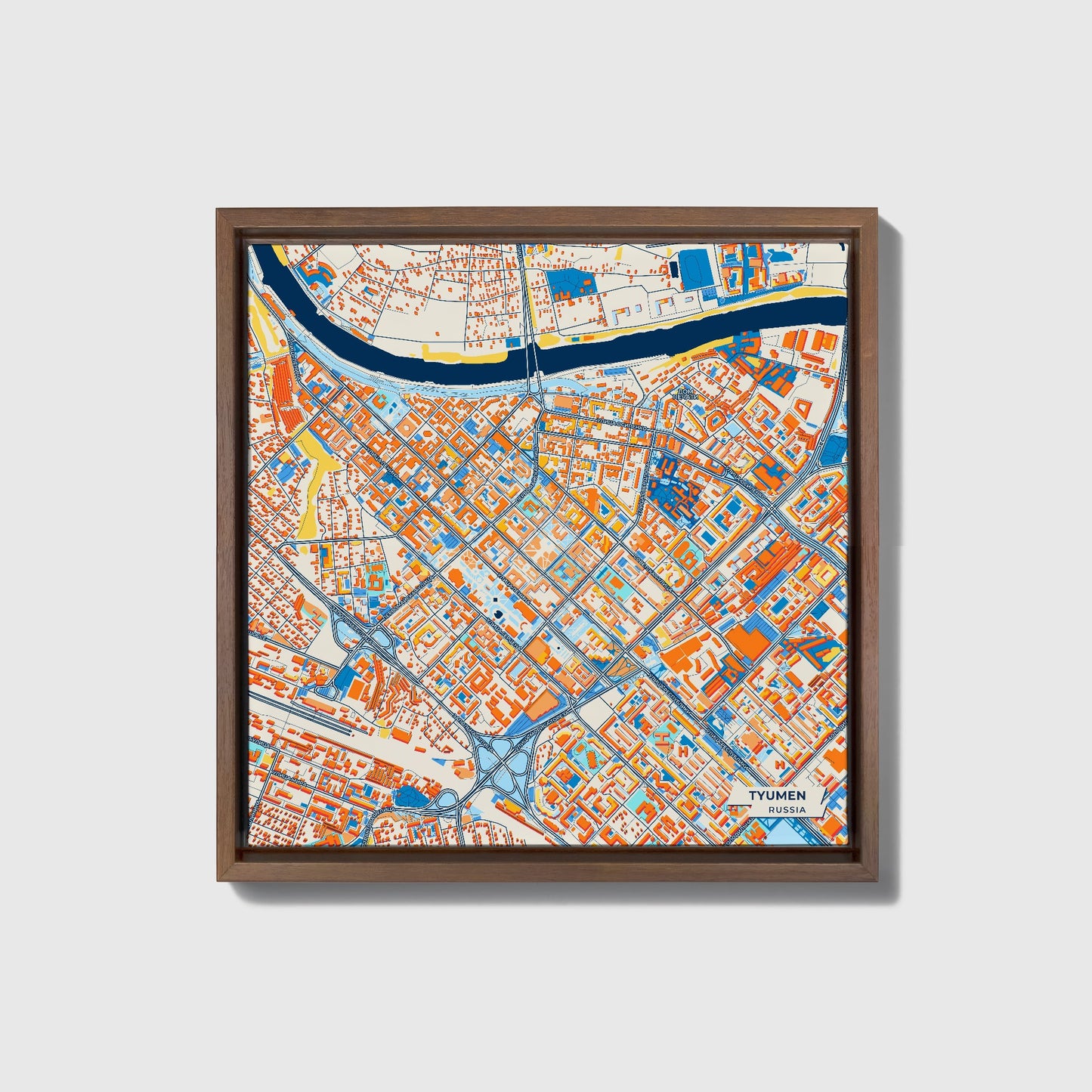 Тюмень Russia Colorful City Map Canvas Print • Dark Wooden Framed