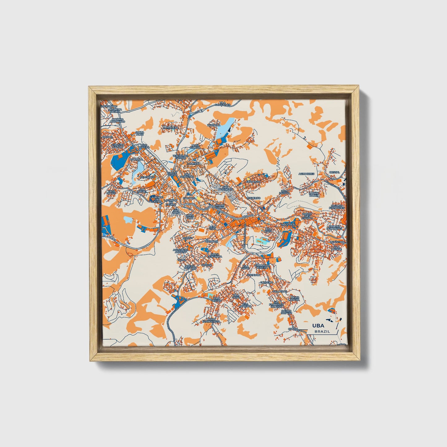 Uba Brazil Colorful City Map Canvas Print • Natural Wooden Framed