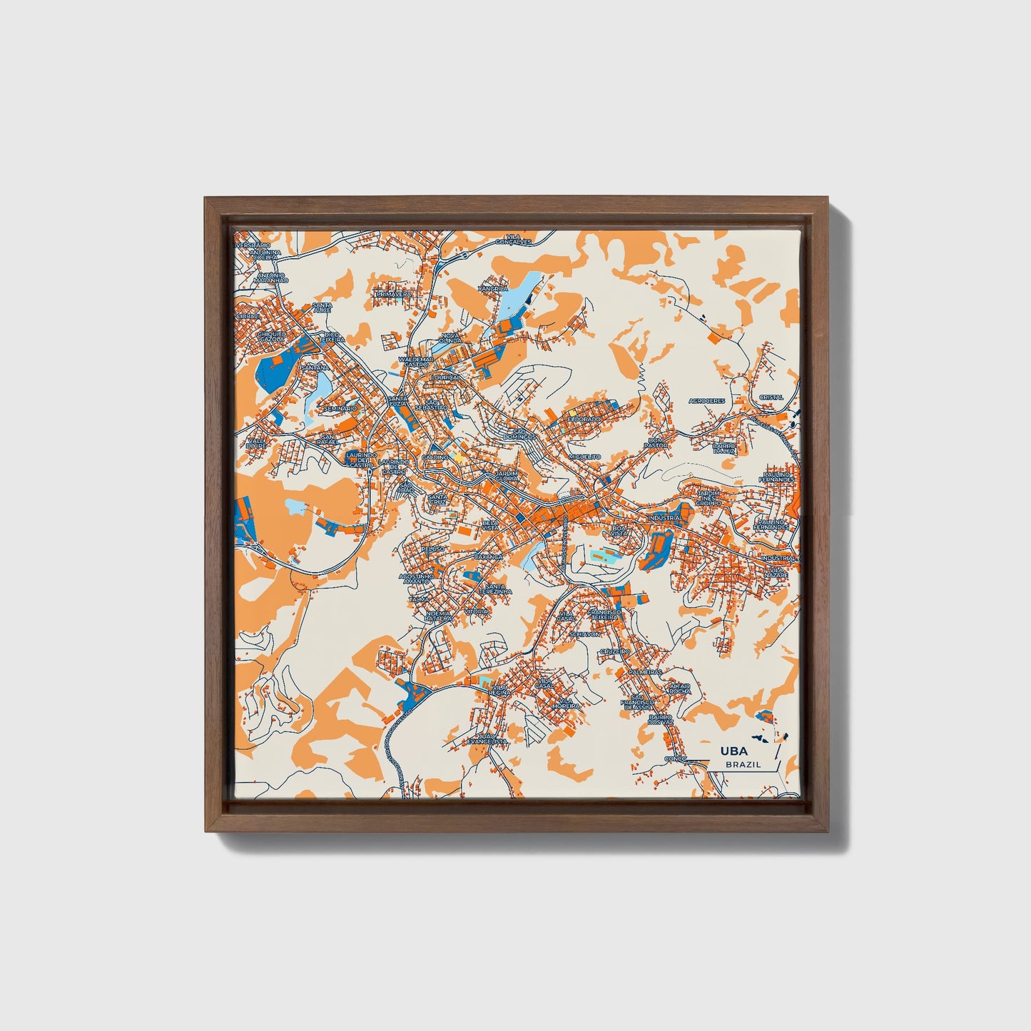 Uba Brazil Colorful City Map Canvas Print • Dark Wooden Framed