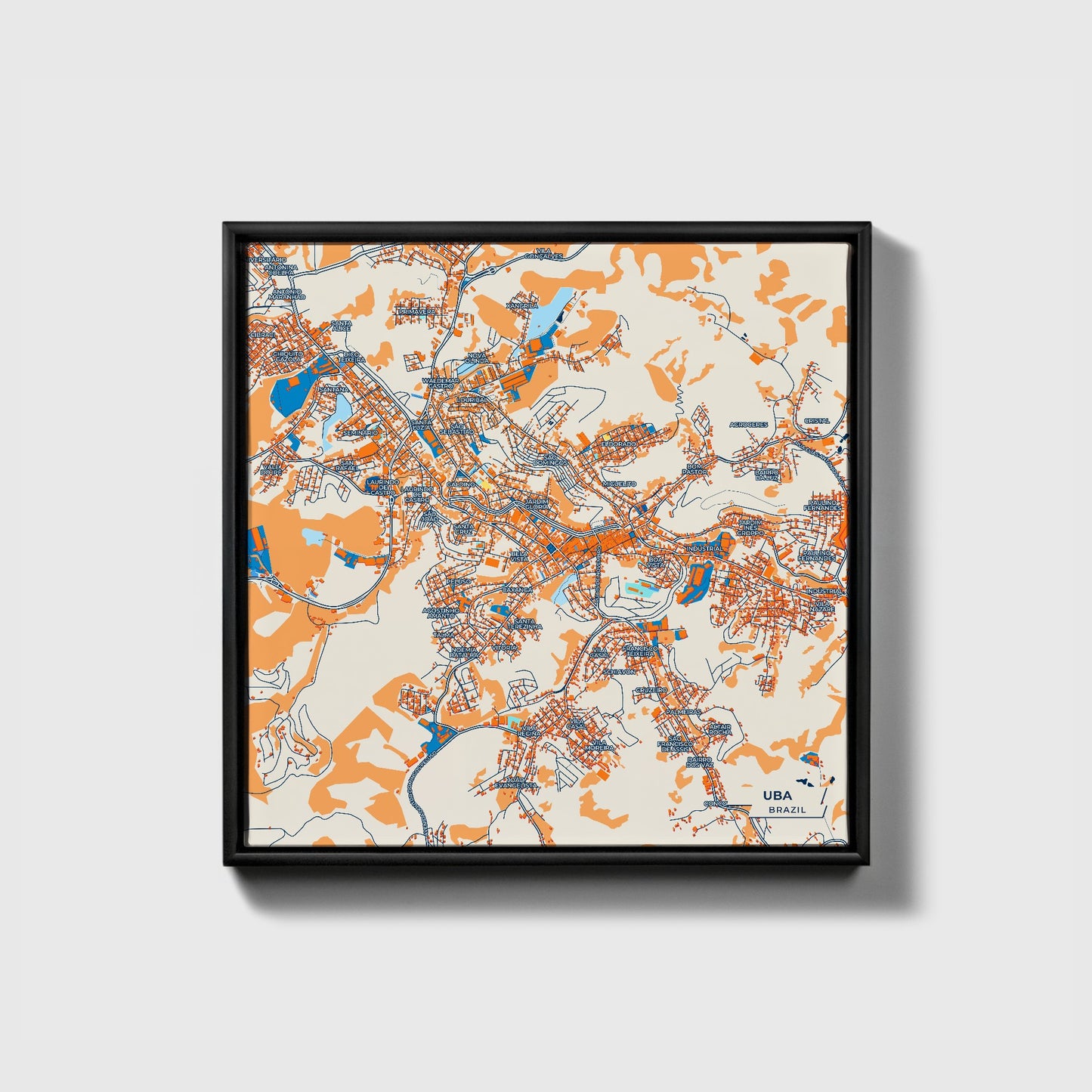 Uba Brazil Colorful City Map Canvas Print • Black Framed