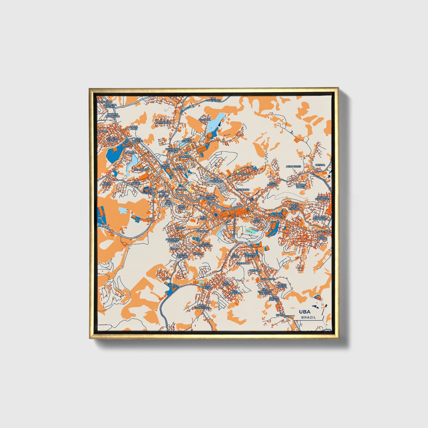 Uba Brazil Colorful City Map Canvas Print • Gold Framed