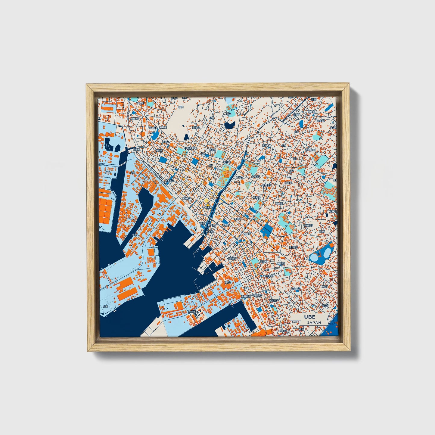 Ube Japan Colorful City Map Canvas Print • Natural Wooden Framed