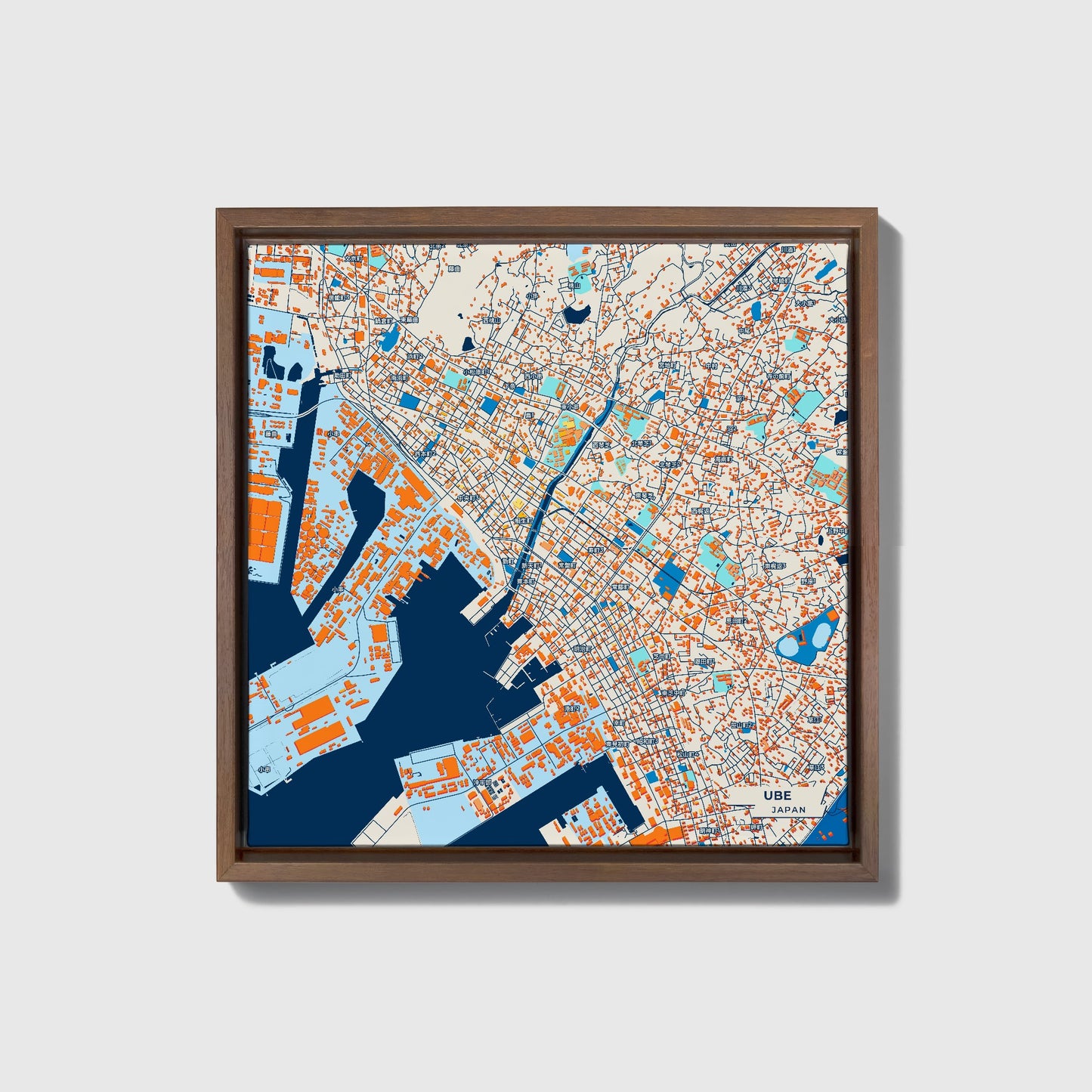 Ube Japan Colorful City Map Canvas Print • Dark Wooden Framed