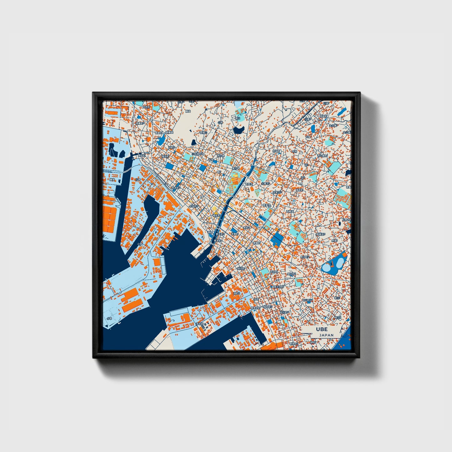 Ube Japan Colorful City Map Canvas Print • Black Framed