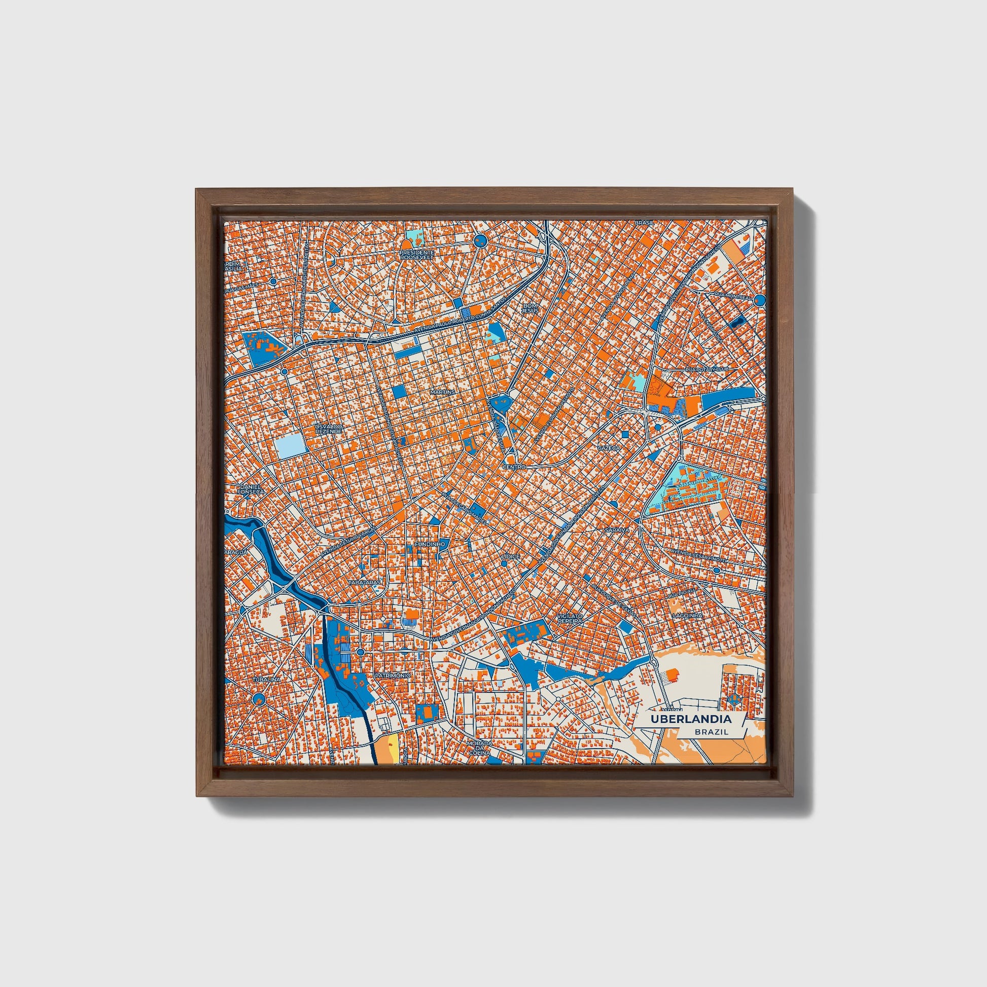 Uberlandia Brazil Colorful City Map Canvas Print • Dark Wooden Framed