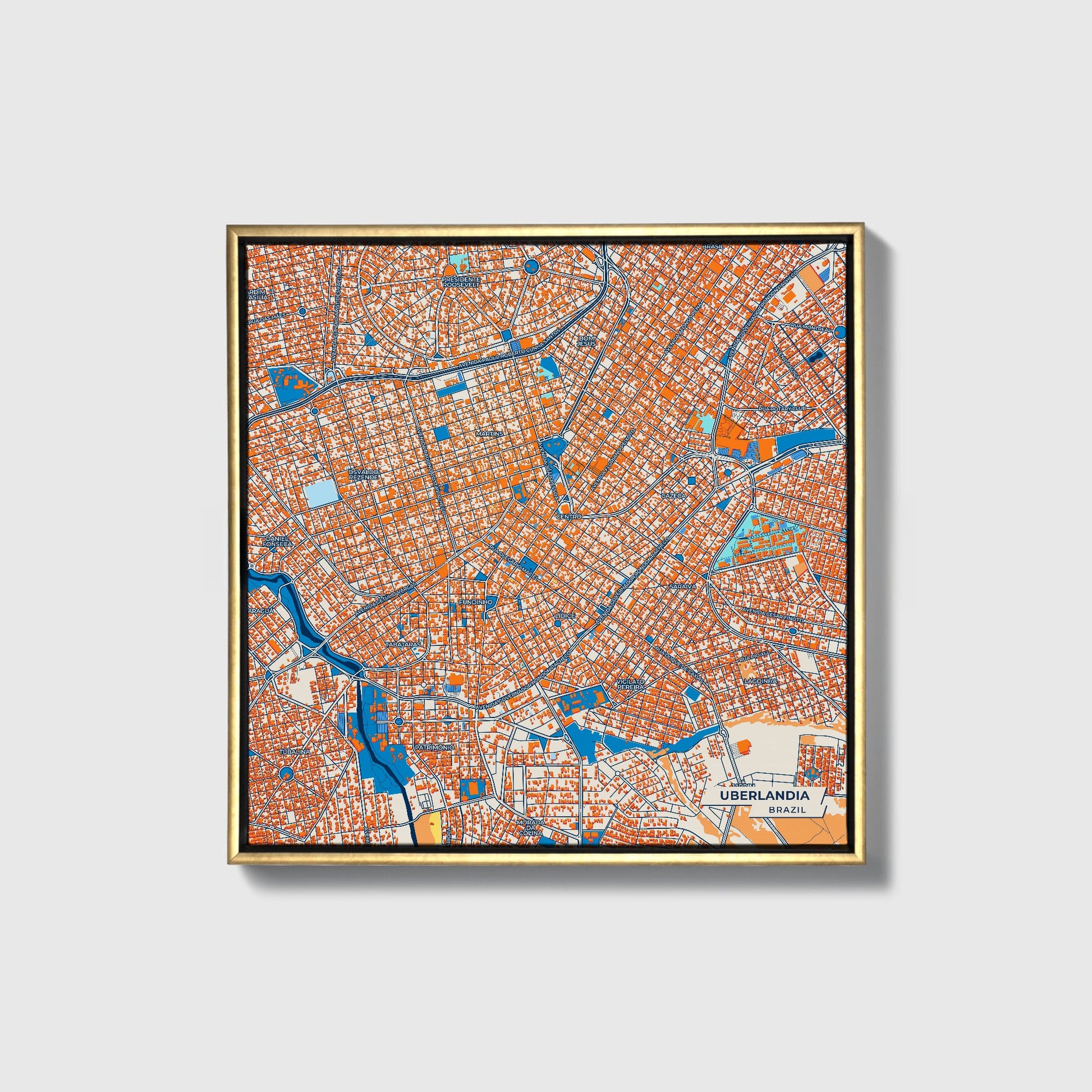 Uberlandia Brazil Colorful City Map Canvas Print • Gold Framed