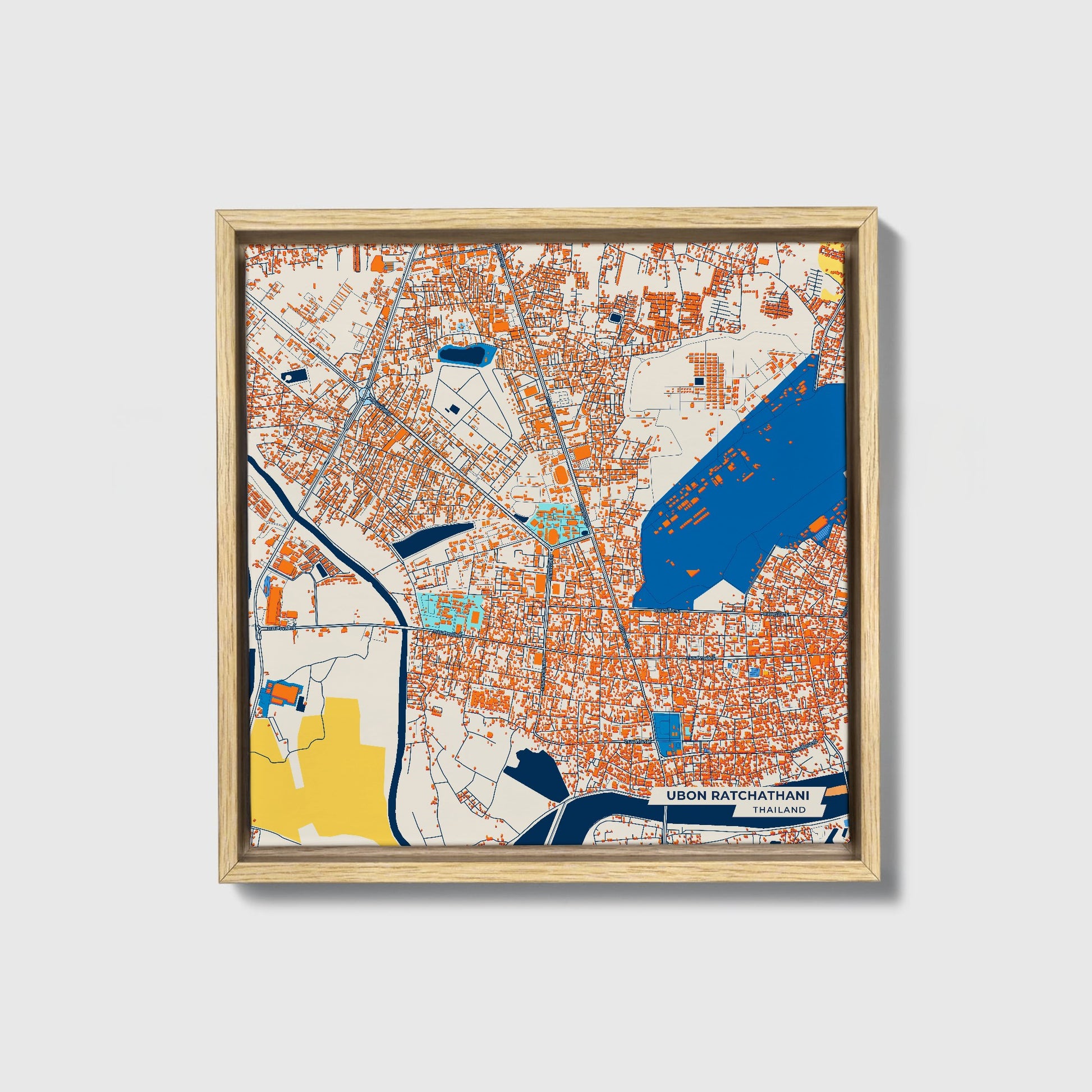 Ubon Ratchathani Thailand Colorful City Map Canvas Print • Natural Wooden Framed
