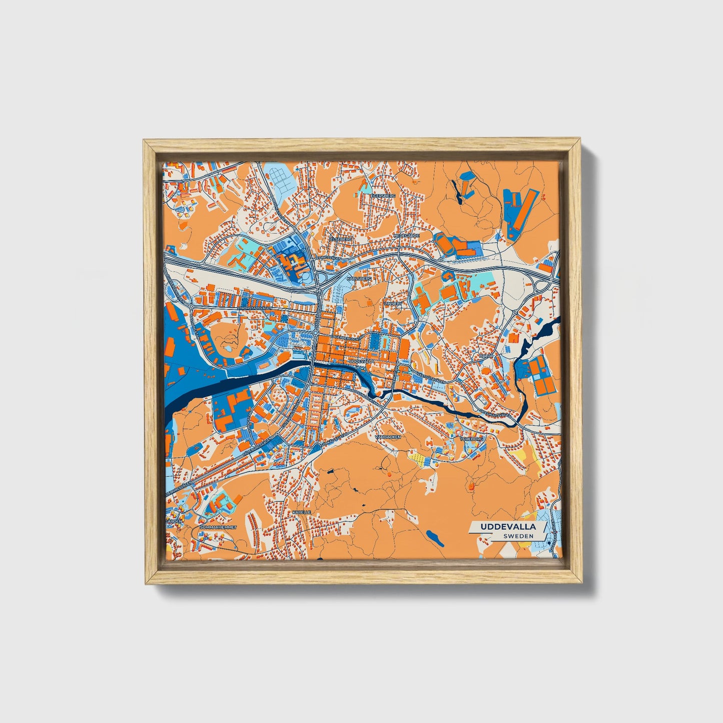 Uddevalla Sweden Colorful City Map Canvas Print • Natural Wooden Framed