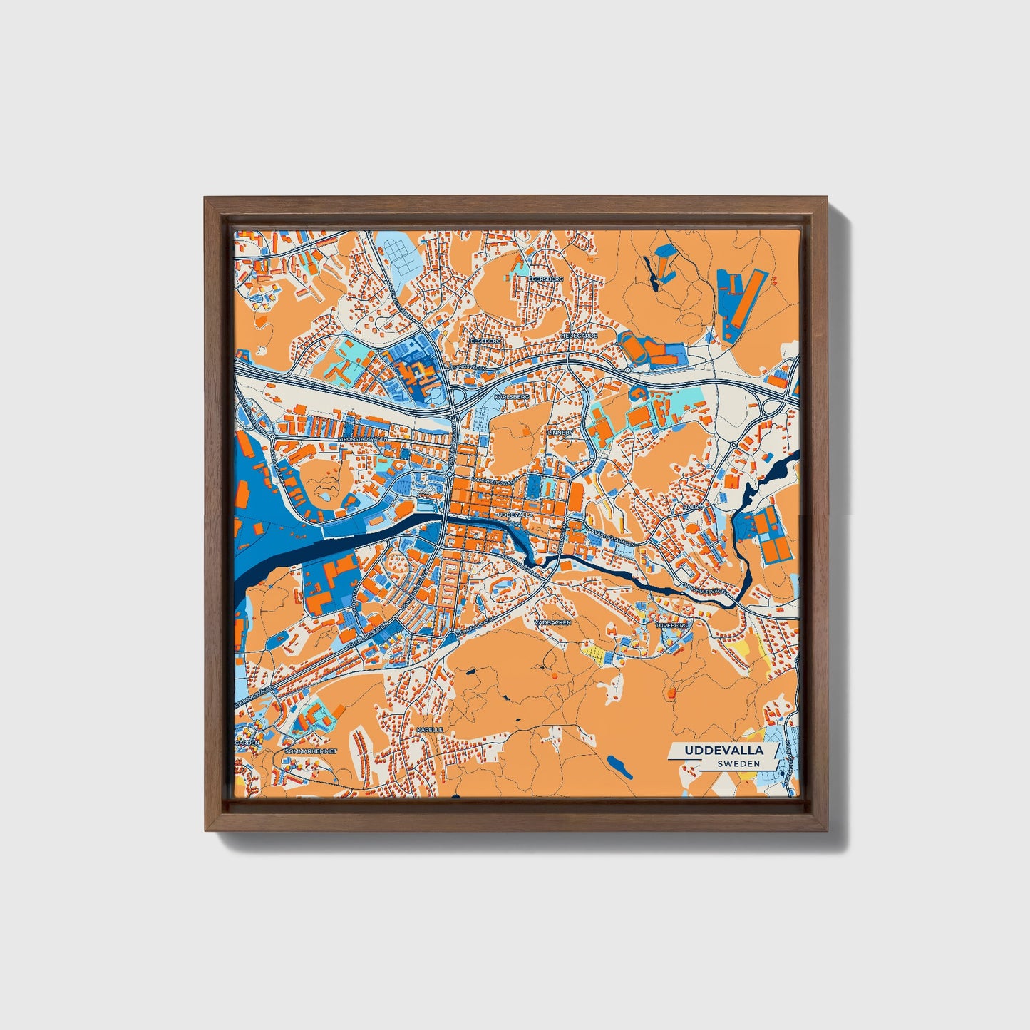 Uddevalla Sweden Colorful City Map Canvas Print • Dark Wooden Framed