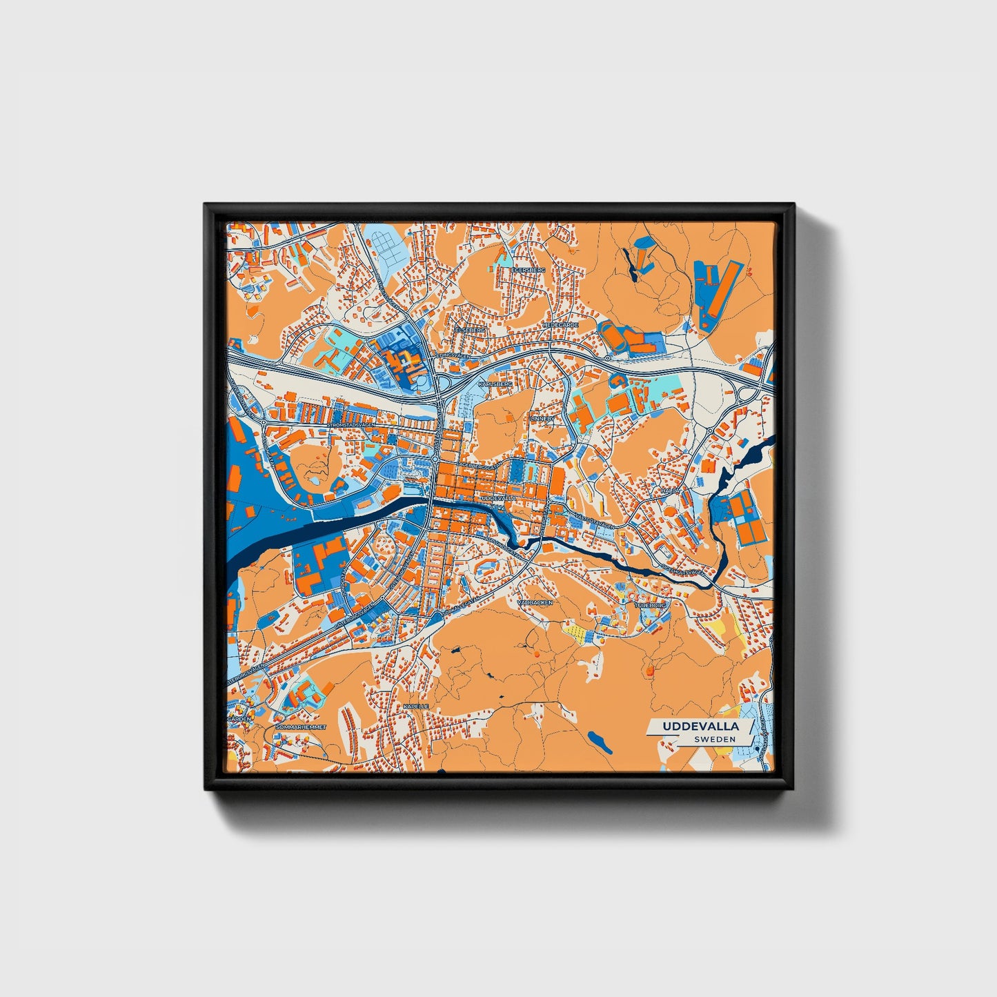 Uddevalla Sweden Colorful City Map Canvas Print • Black Framed