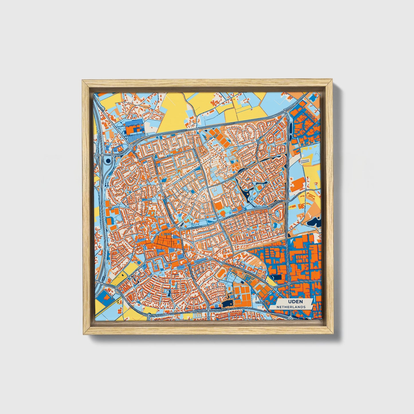 Uden Netherlands Colorful City Map Canvas Print • Natural Wooden Framed