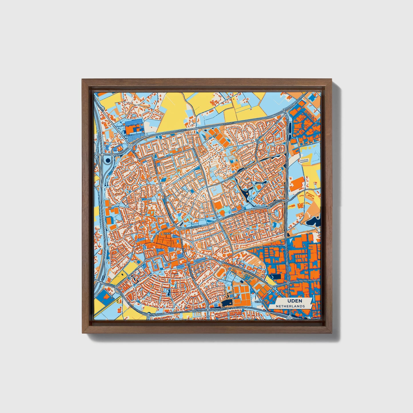 Uden Netherlands Colorful City Map Canvas Print • Dark Wooden Framed