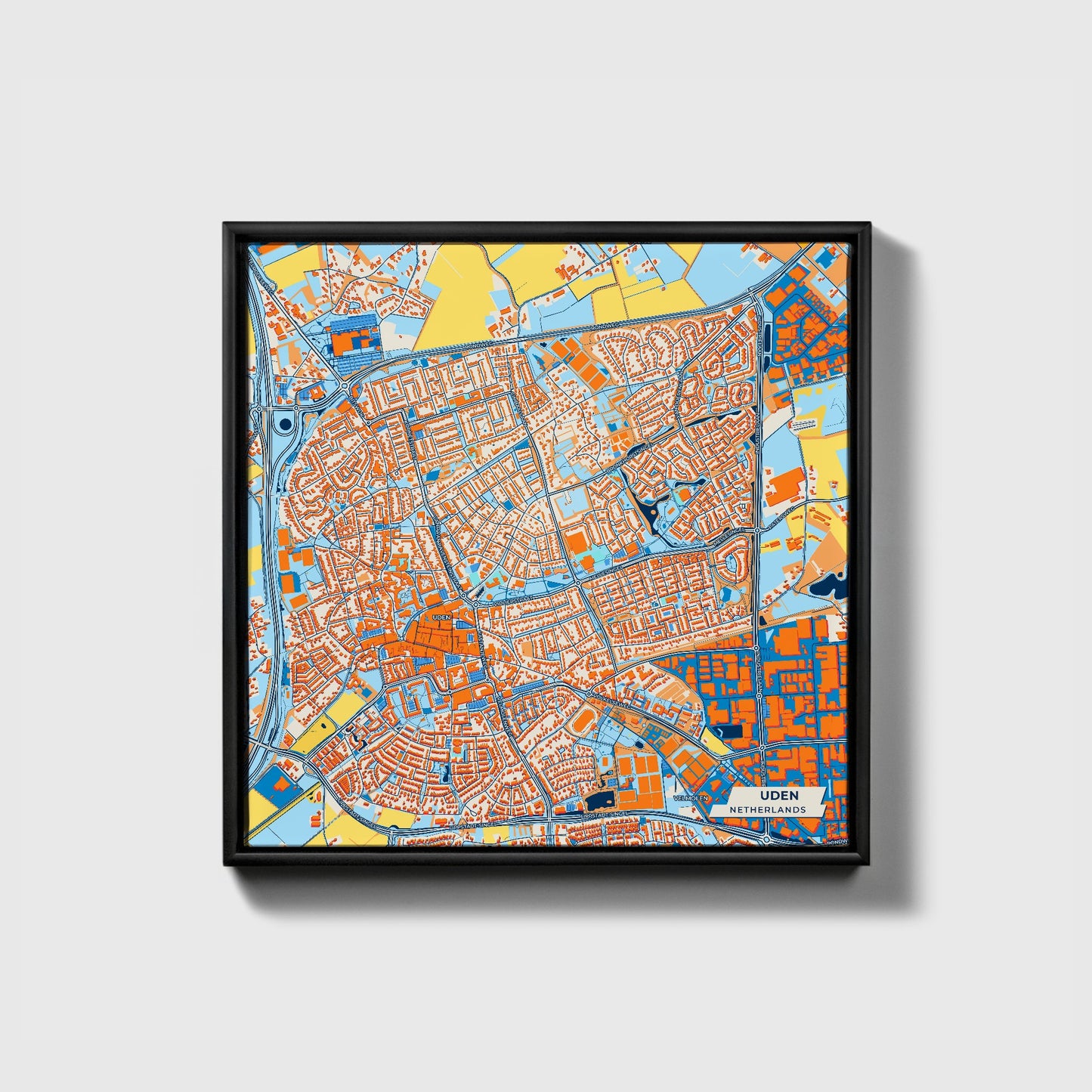 Uden Netherlands Colorful City Map Canvas Print • Black Framed
