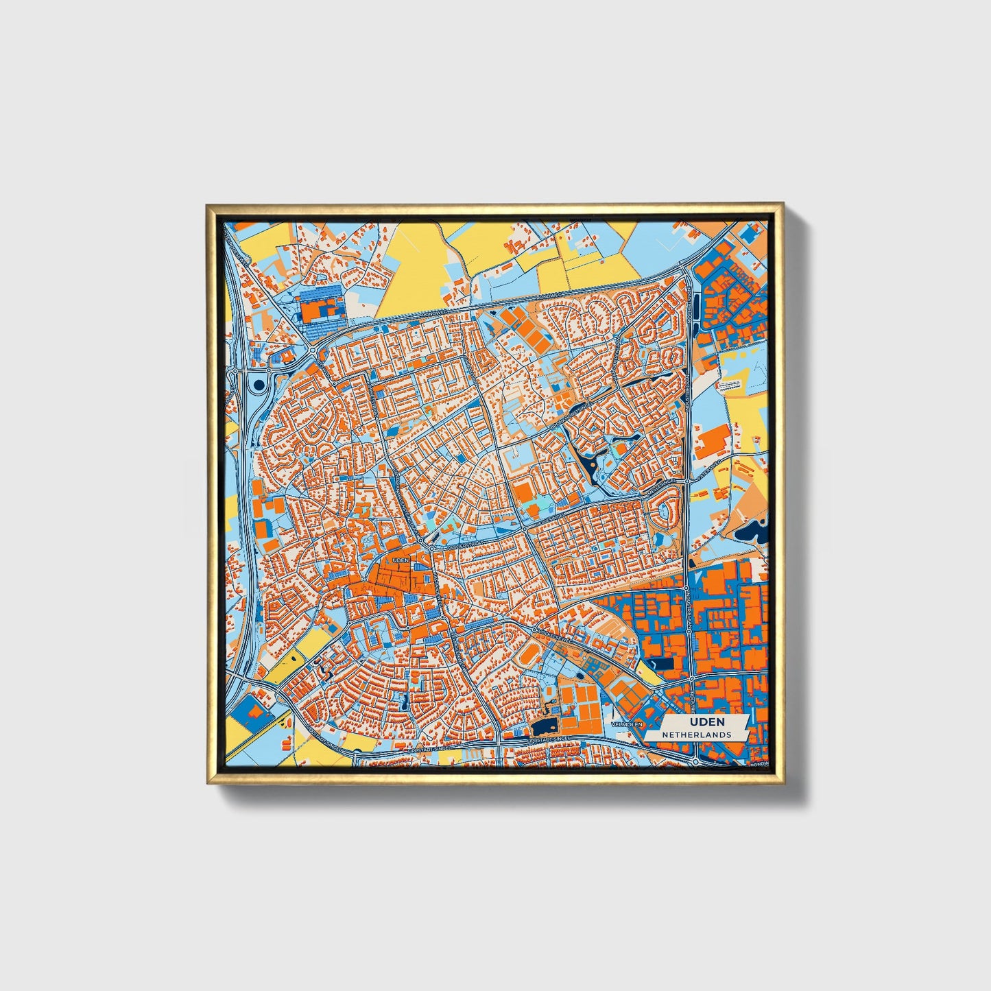 Uden Netherlands Colorful City Map Canvas Print • Gold Framed