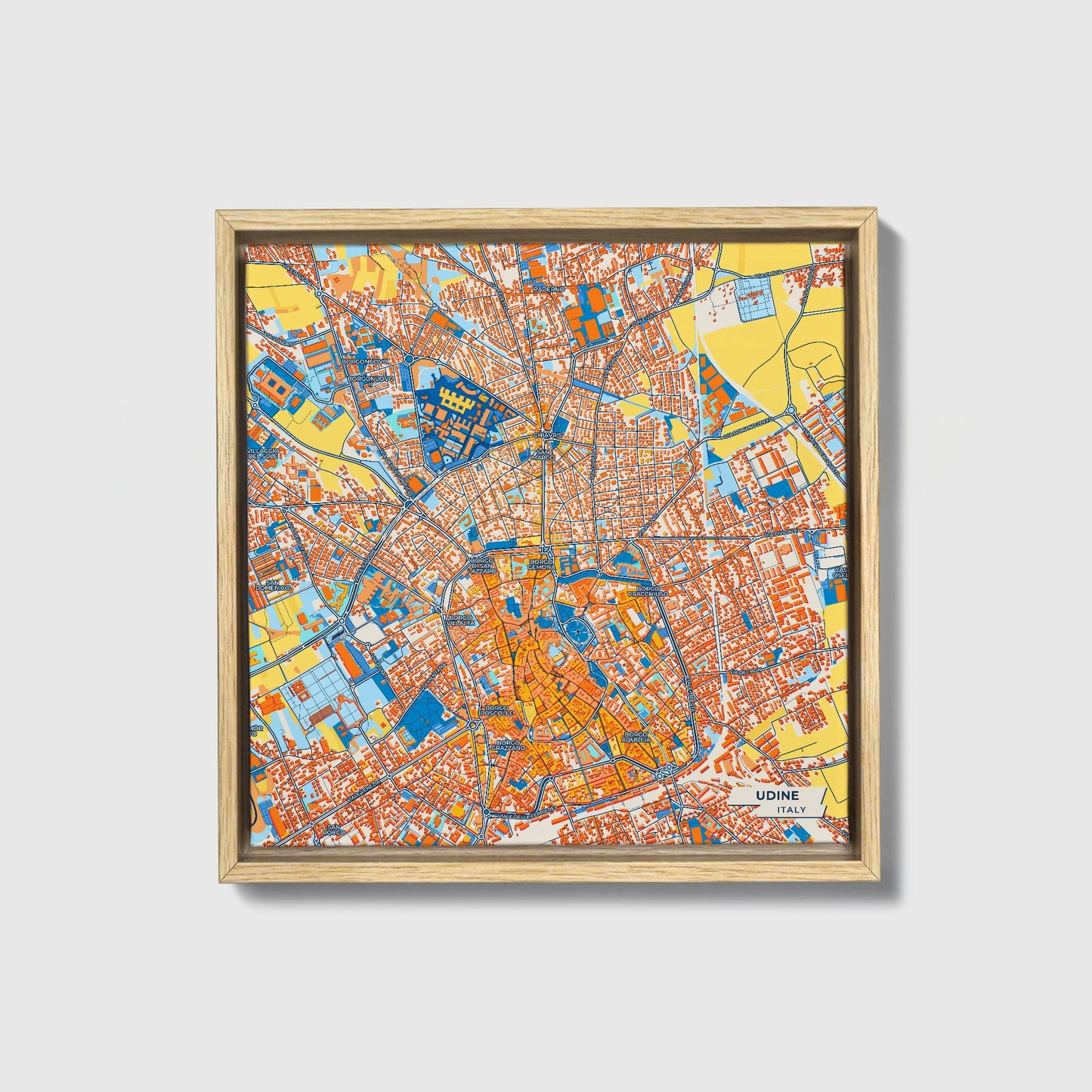 Udine Italy Colorful City Map Canvas Print • Natural Wooden Framed