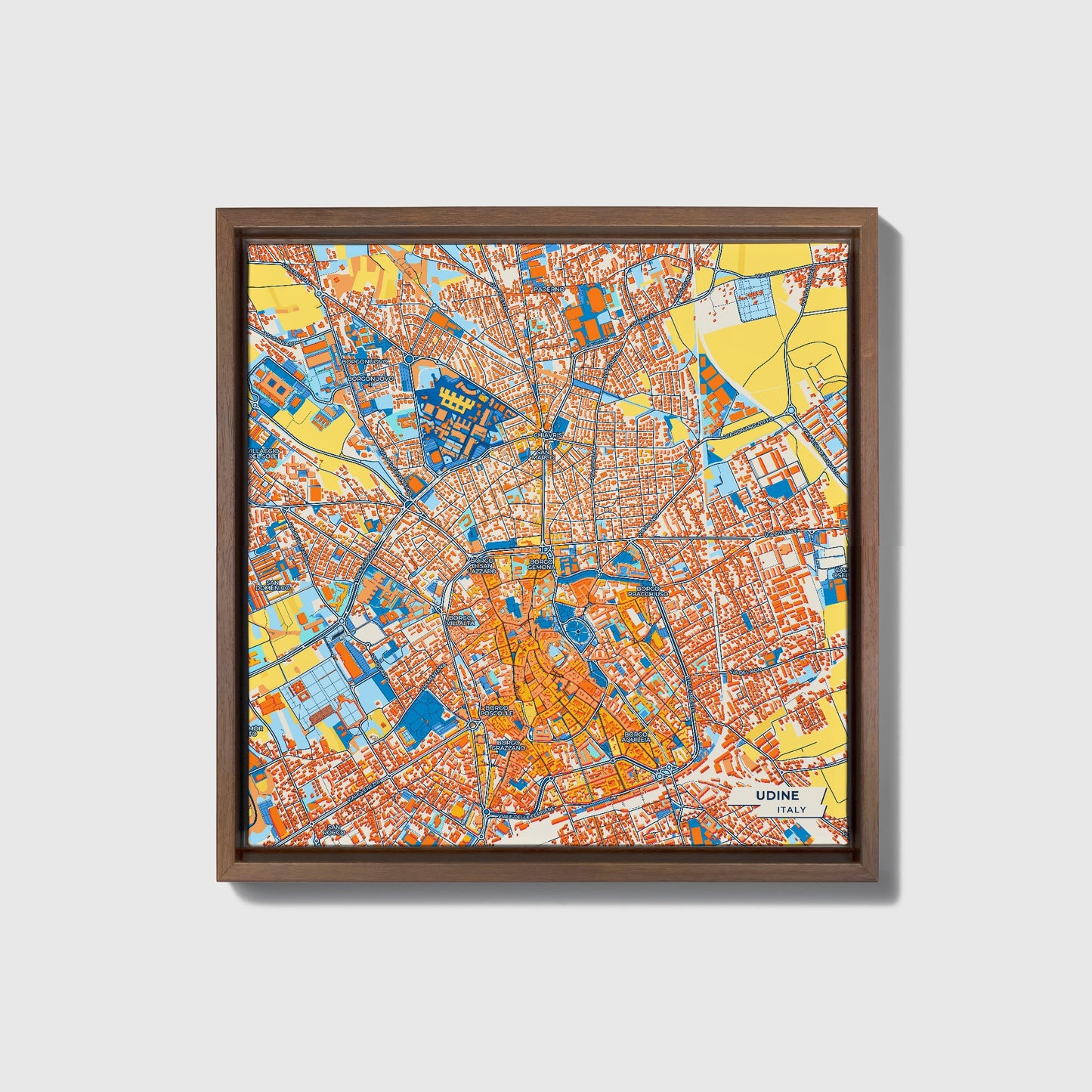 Udine Italy Colorful City Map Canvas Print • Dark Wooden Framed