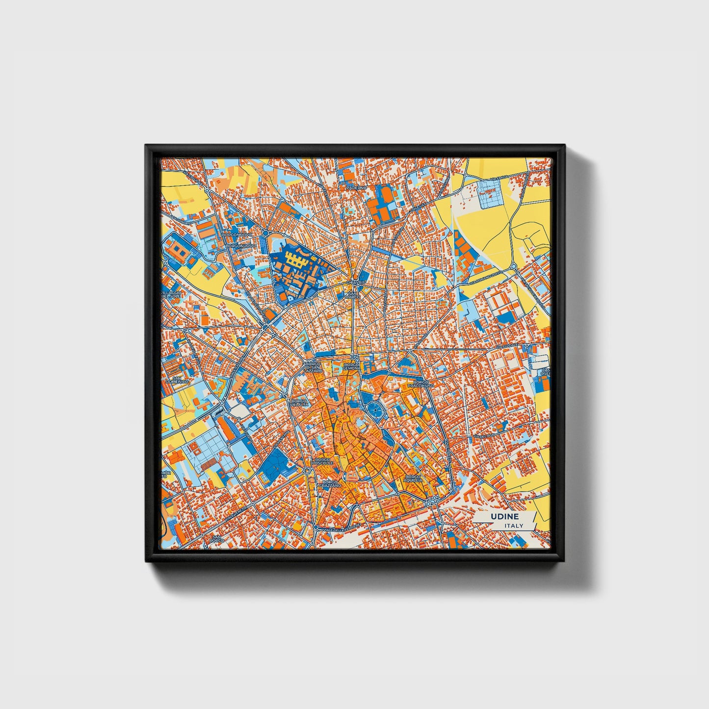 Udine Italy Colorful City Map Canvas Print • Black Framed