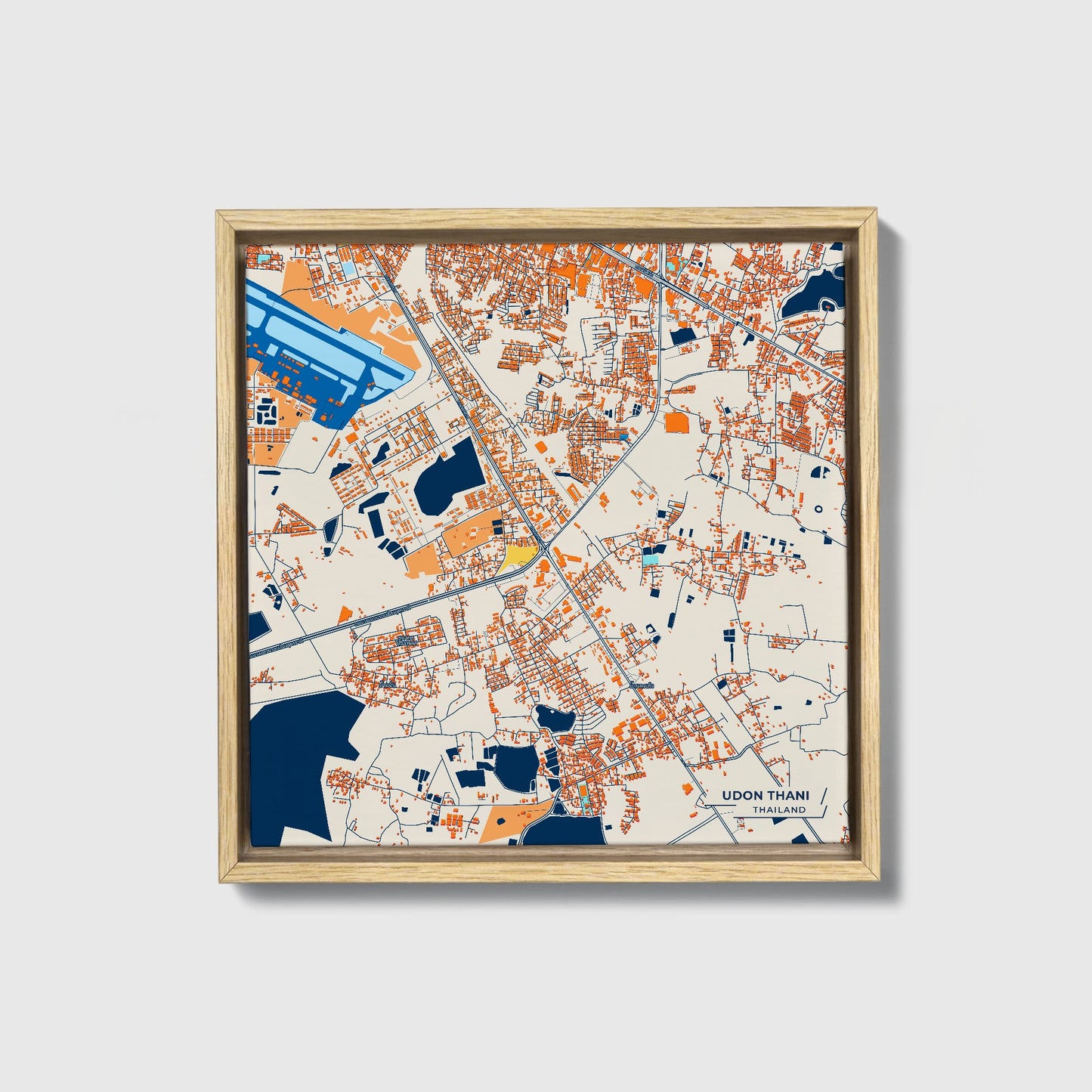 Udon Thani Thailand Colorful City Map Canvas Print • Natural Wooden Framed