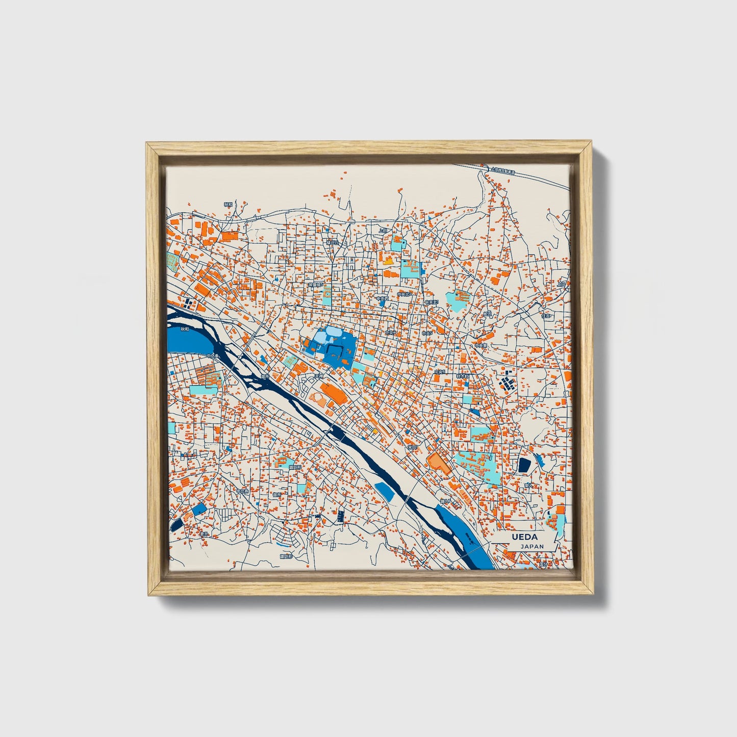 Ueda Japan Colorful City Map Canvas Print • Natural Wooden Framed