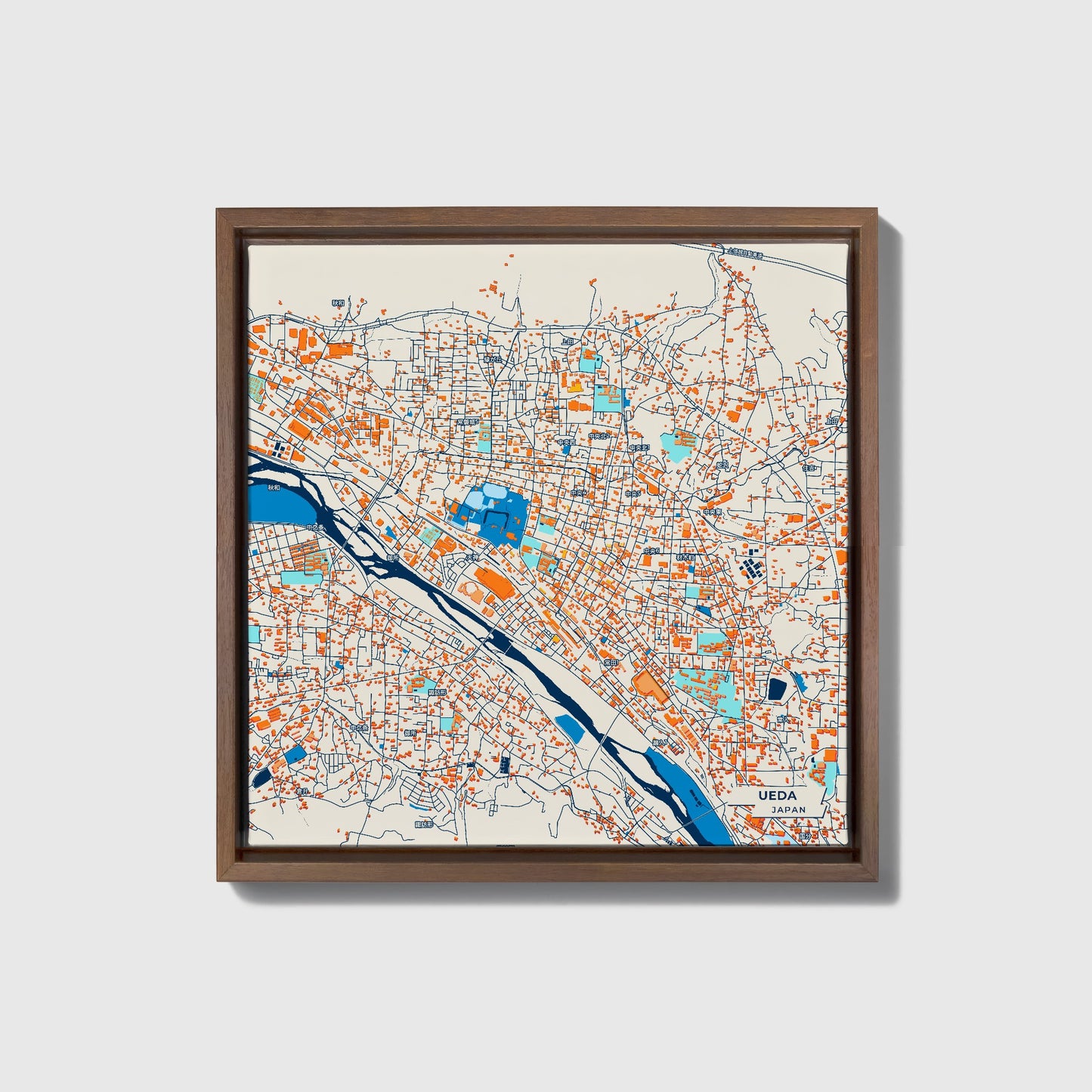 Ueda Japan Colorful City Map Canvas Print • Dark Wooden Framed
