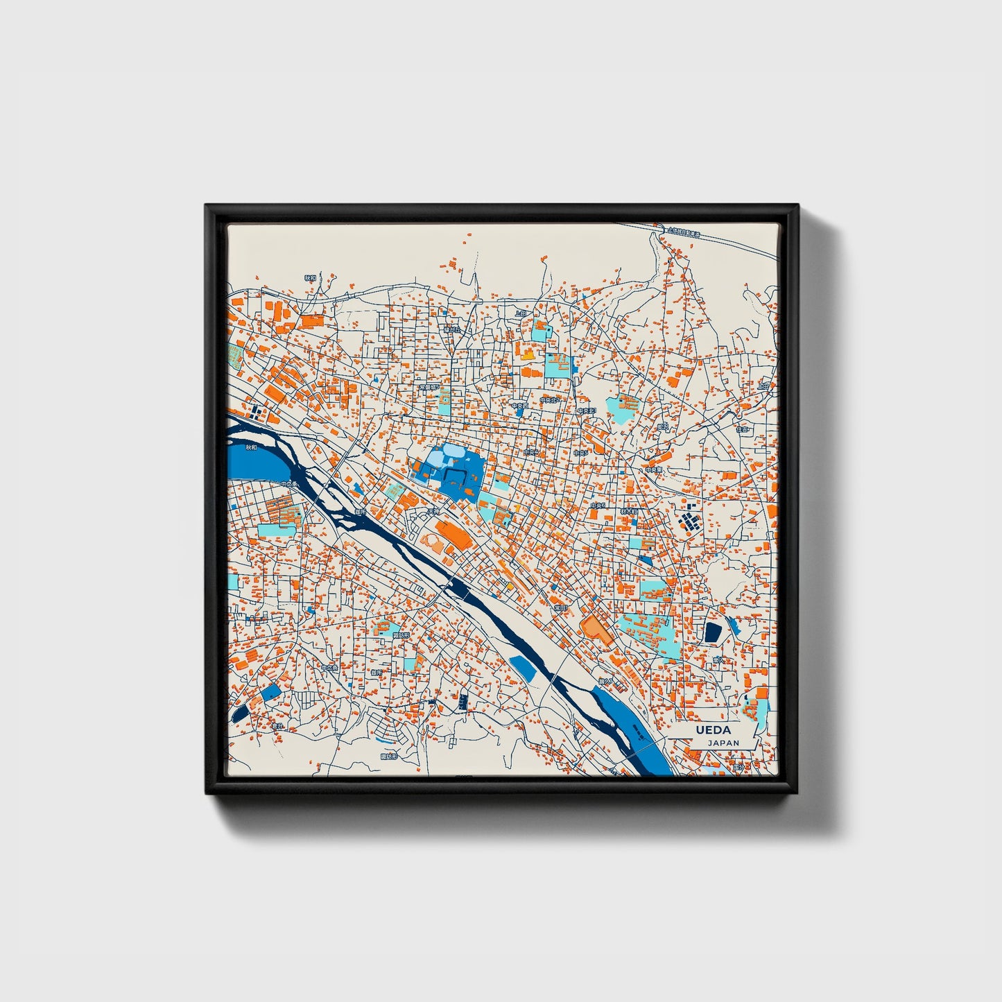 Ueda Japan Colorful City Map Canvas Print • Black Framed