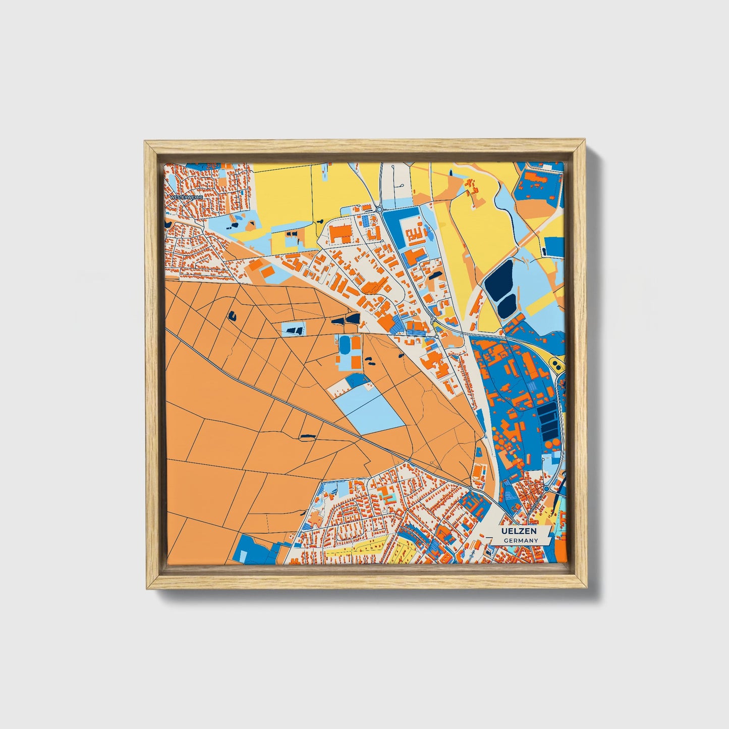 Uelzen Germany Colorful City Map Canvas Print • Natural Wooden Framed