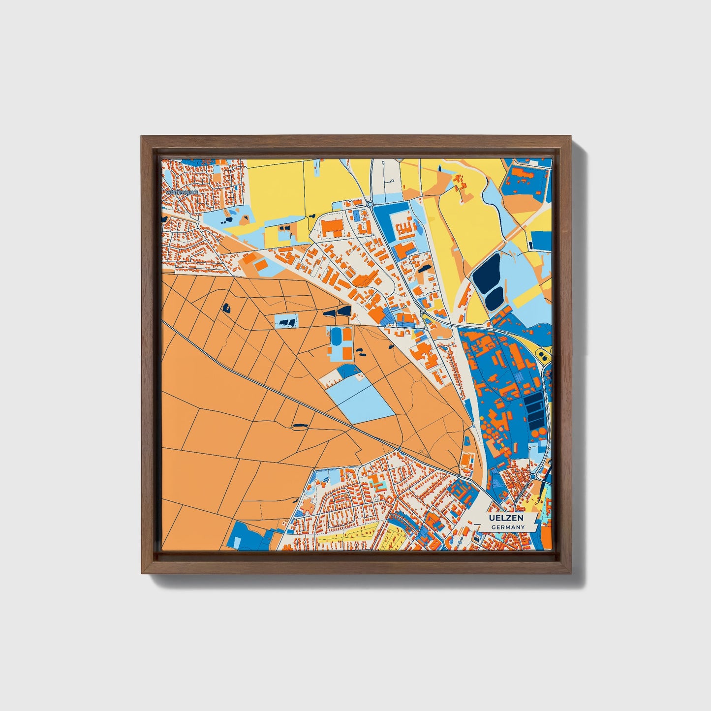 Uelzen Germany Colorful City Map Canvas Print • Dark Wooden Framed