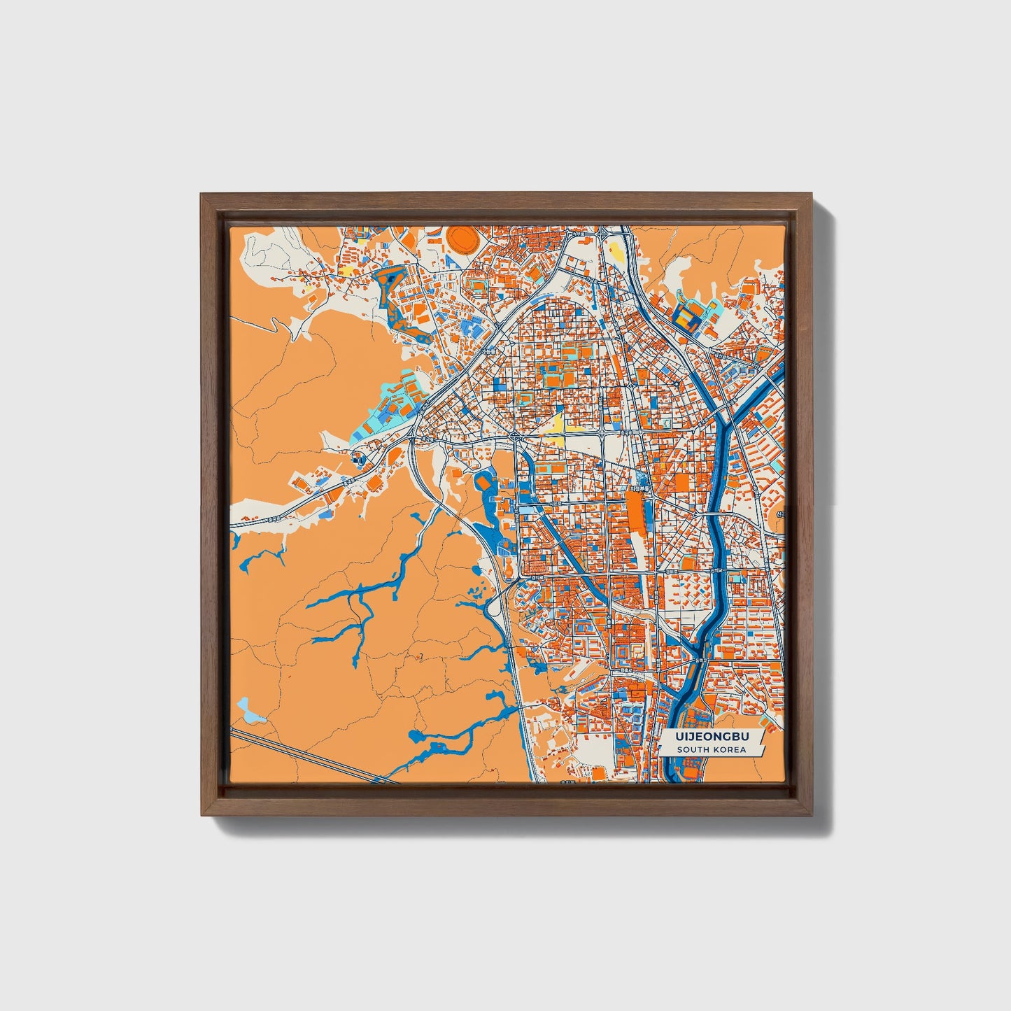 Uijeongbu South Korea Colorful City Map Canvas Print • Dark Wooden Framed