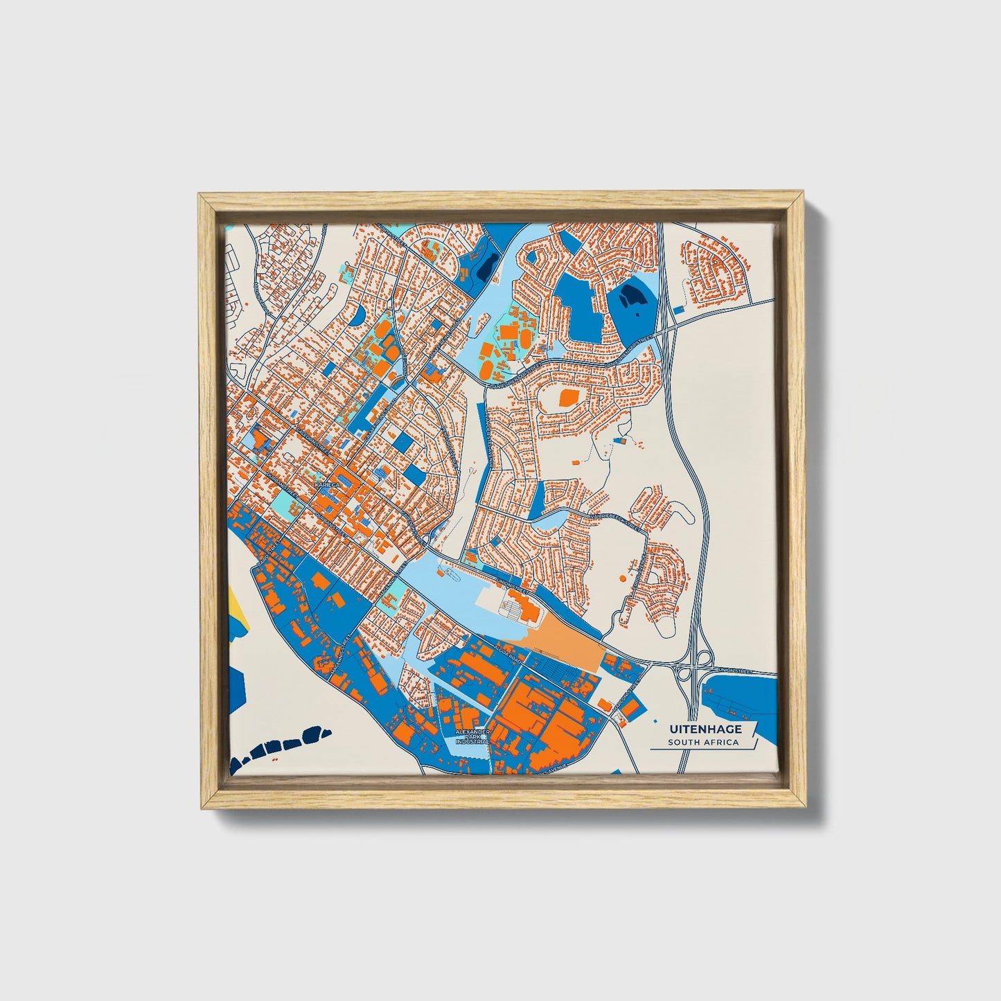 Uitenhage South Africa Colorful City Map Canvas Print • Natural Wooden Framed
