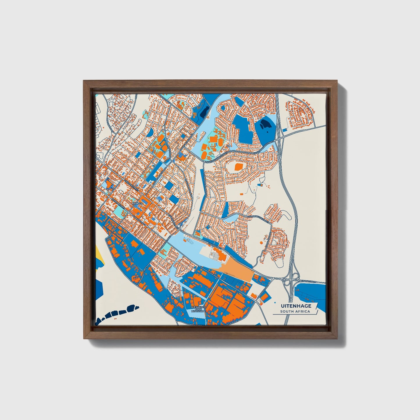 Uitenhage South Africa Colorful City Map Canvas Print • Dark Wooden Framed