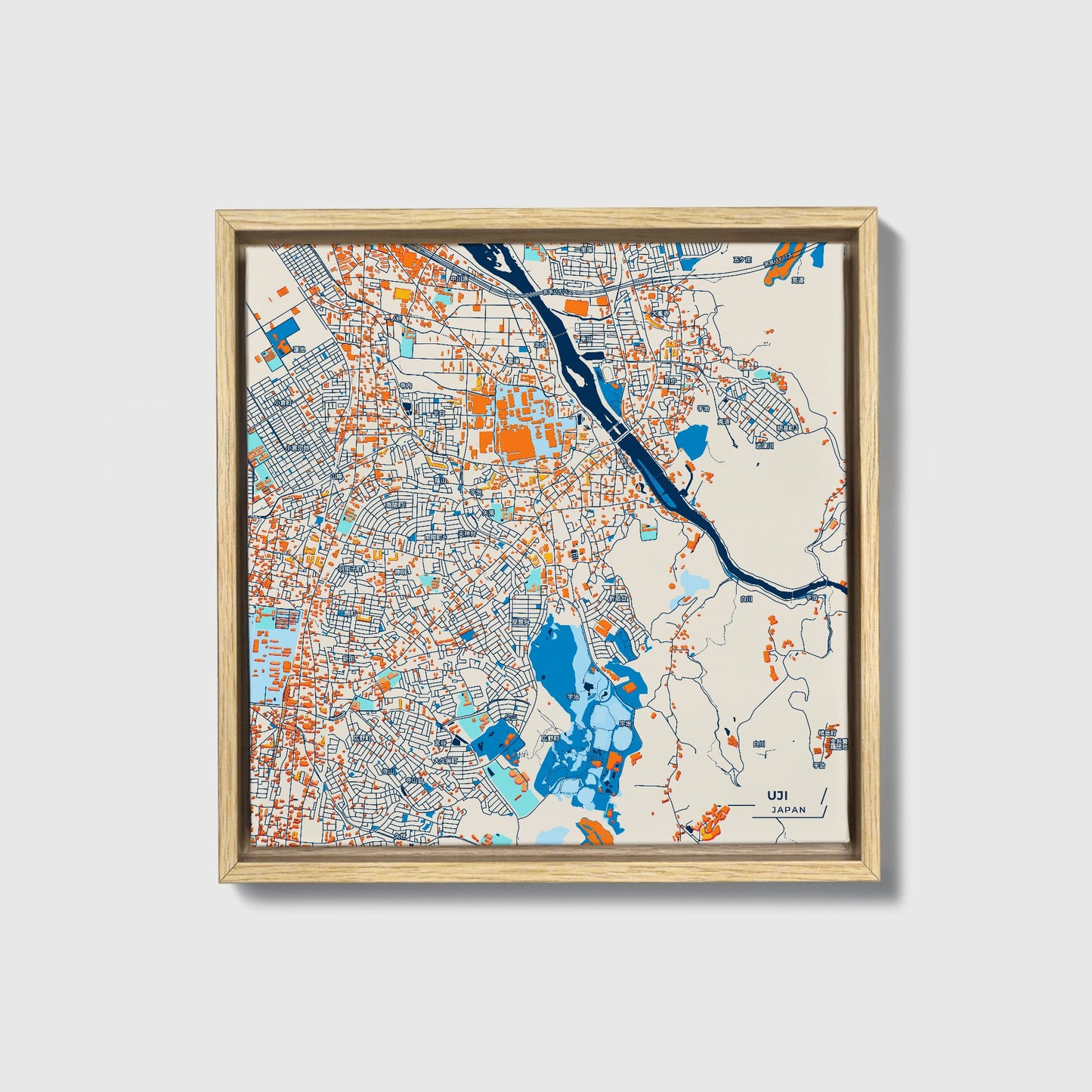 Uji Japan Colorful City Map Canvas Print • Natural Wooden Framed