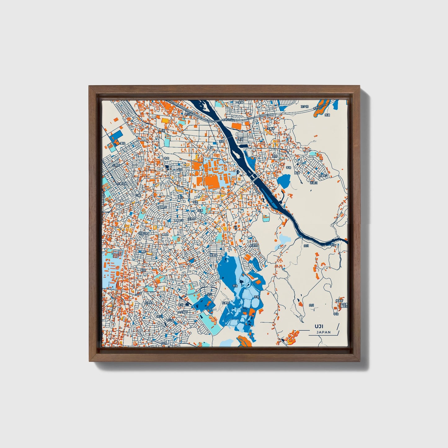 Uji Japan Colorful City Map Canvas Print • Dark Wooden Framed