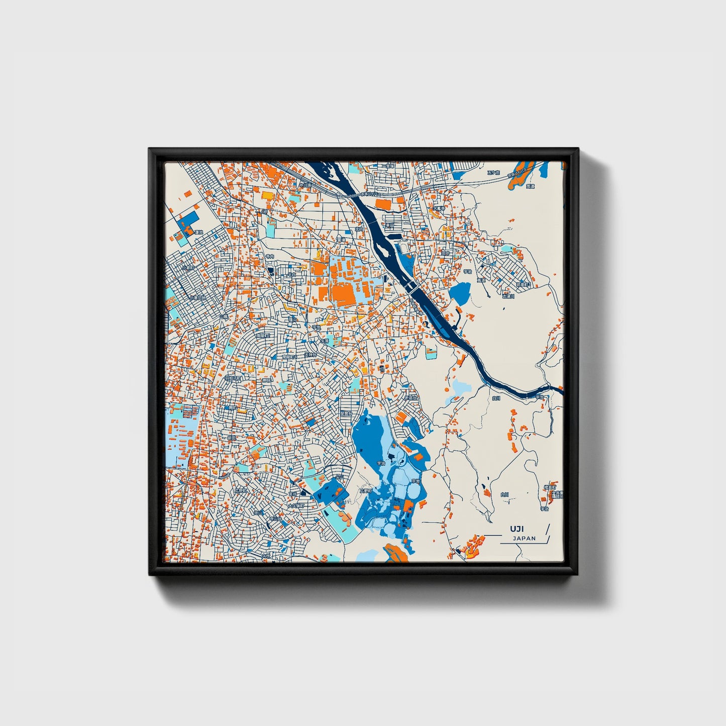 Uji Japan Colorful City Map Canvas Print • Black Framed