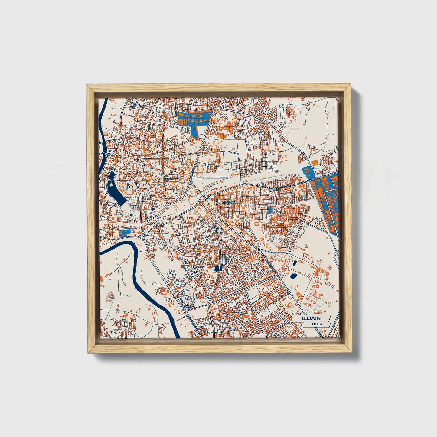 Ujjain India Colorful City Map Canvas Print • Natural Wooden Framed