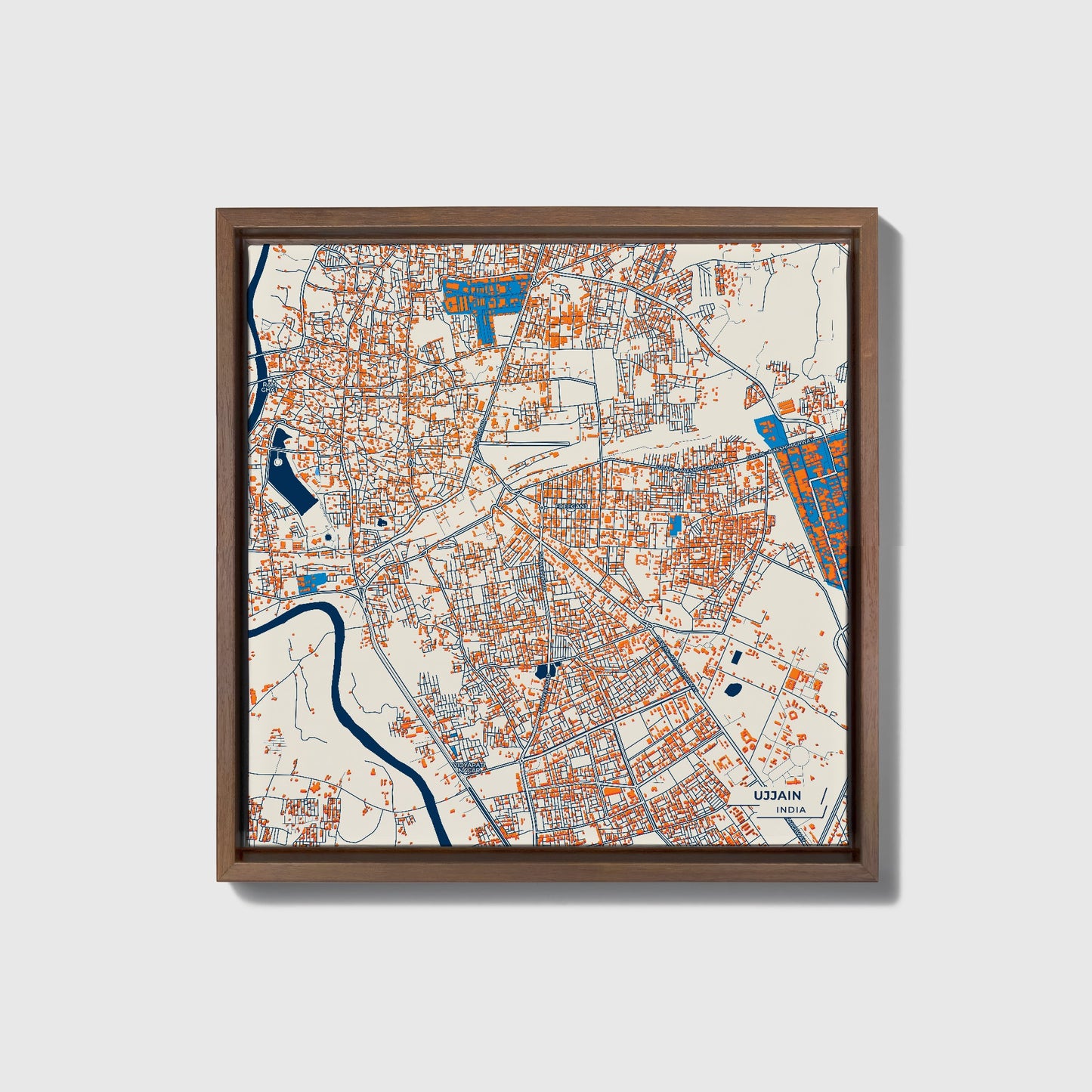 Ujjain India Colorful City Map Canvas Print • Dark Wooden Framed