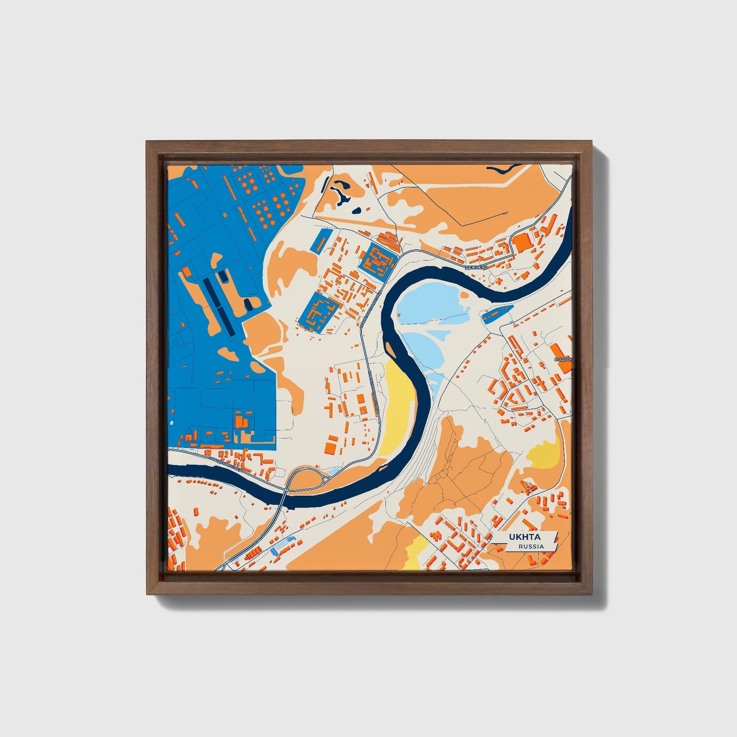 Ухта Russia Colorful City Map Canvas Print • Dark Wooden Framed