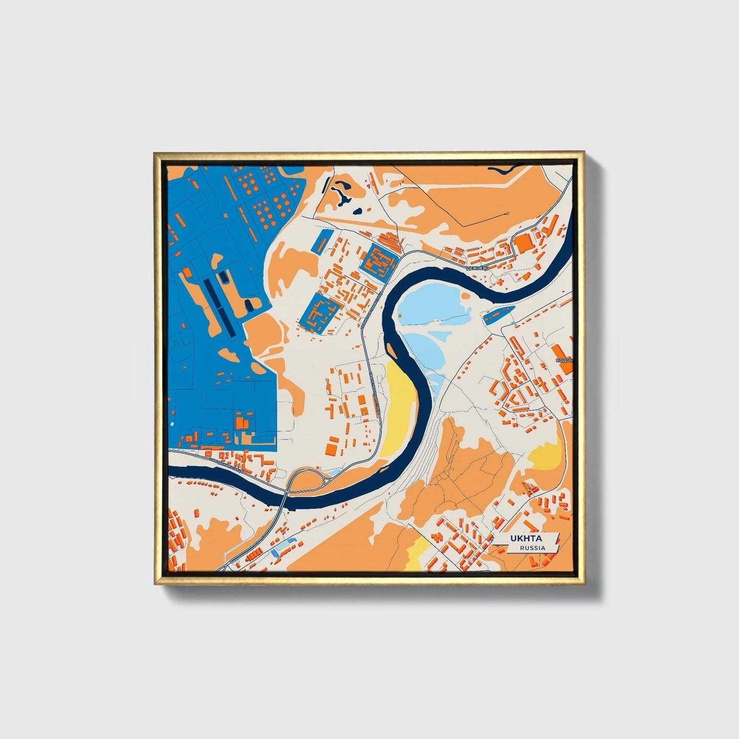 Ухта Russia Colorful City Map Canvas Print • Gold Framed