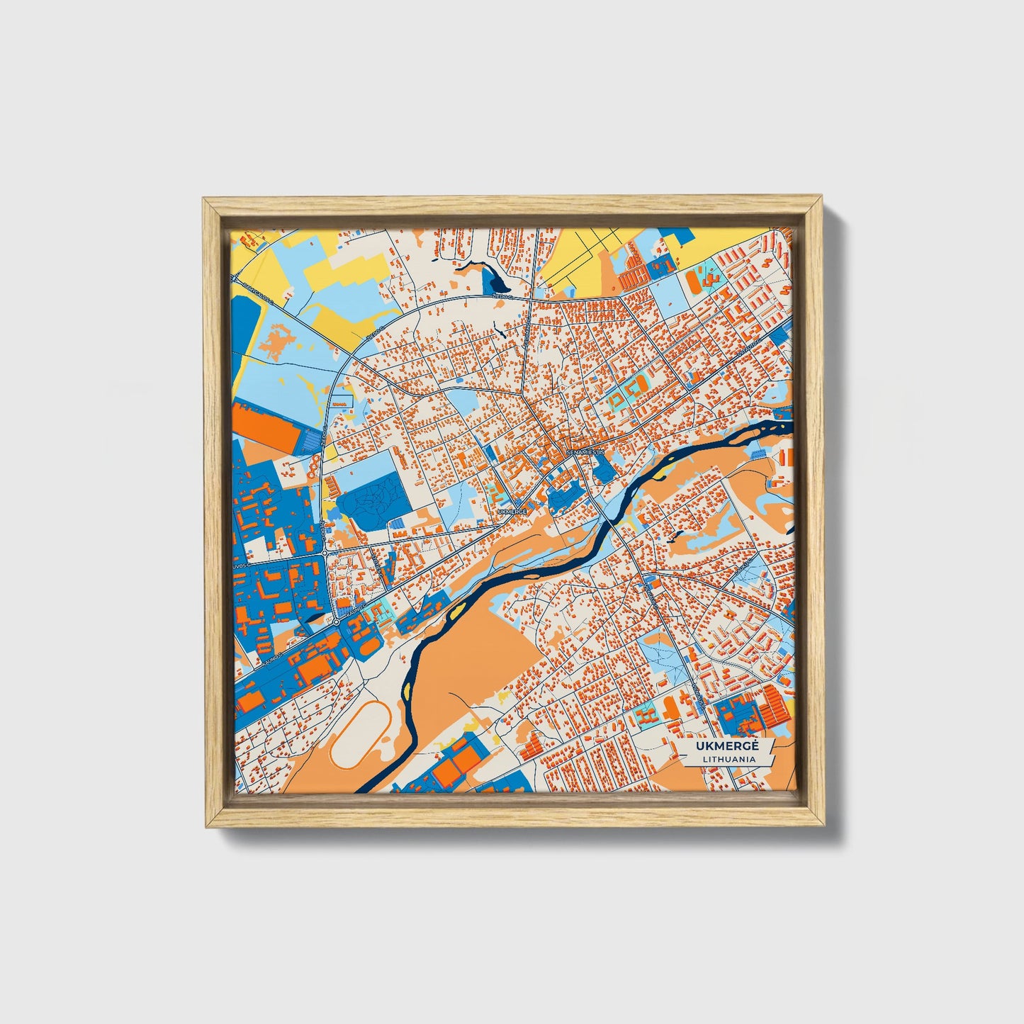 Ukmergė Lithuania Colorful City Map Canvas Print • Natural Wooden Framed