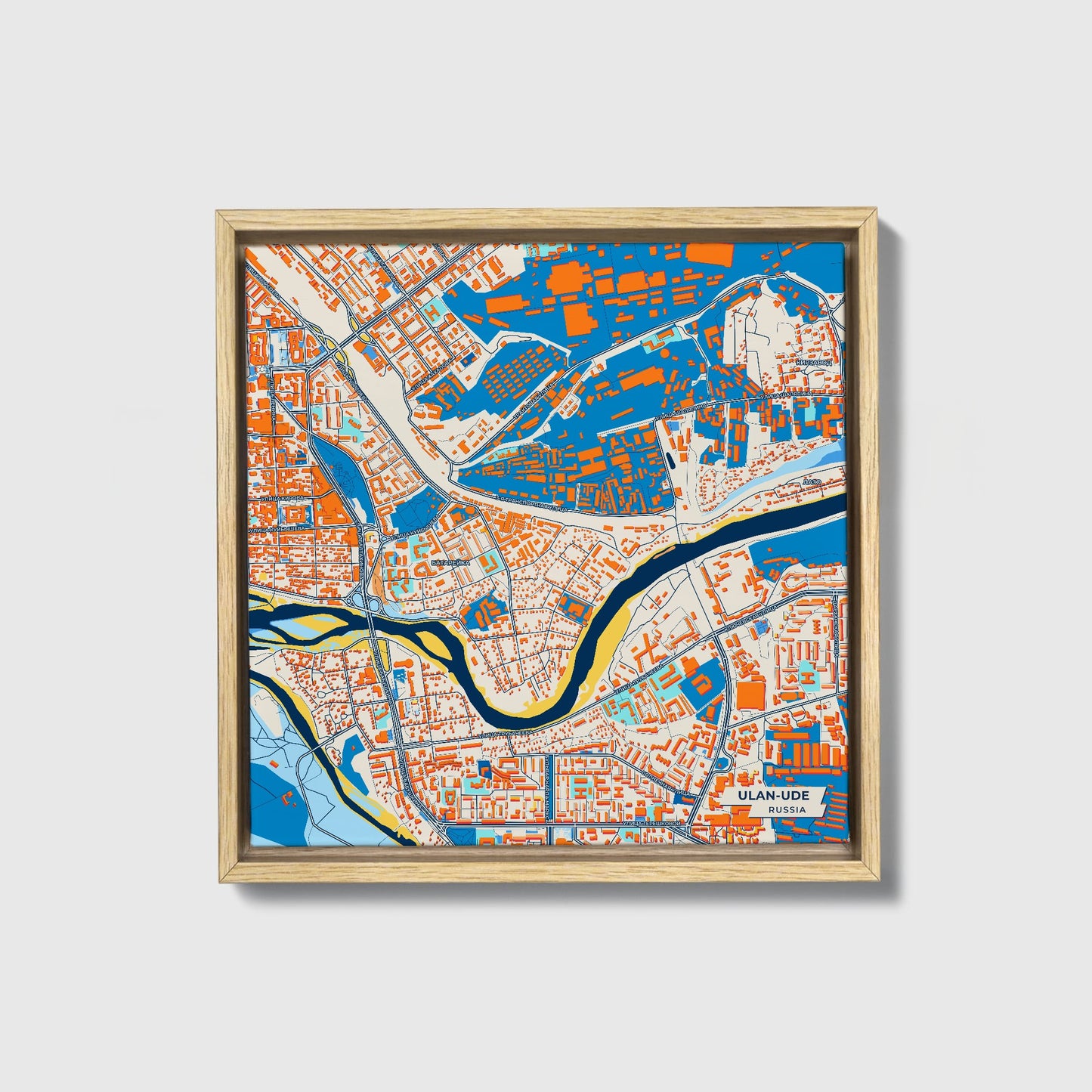 Улан-Удэ Russia Colorful City Map Canvas Print • Natural Wooden Framed