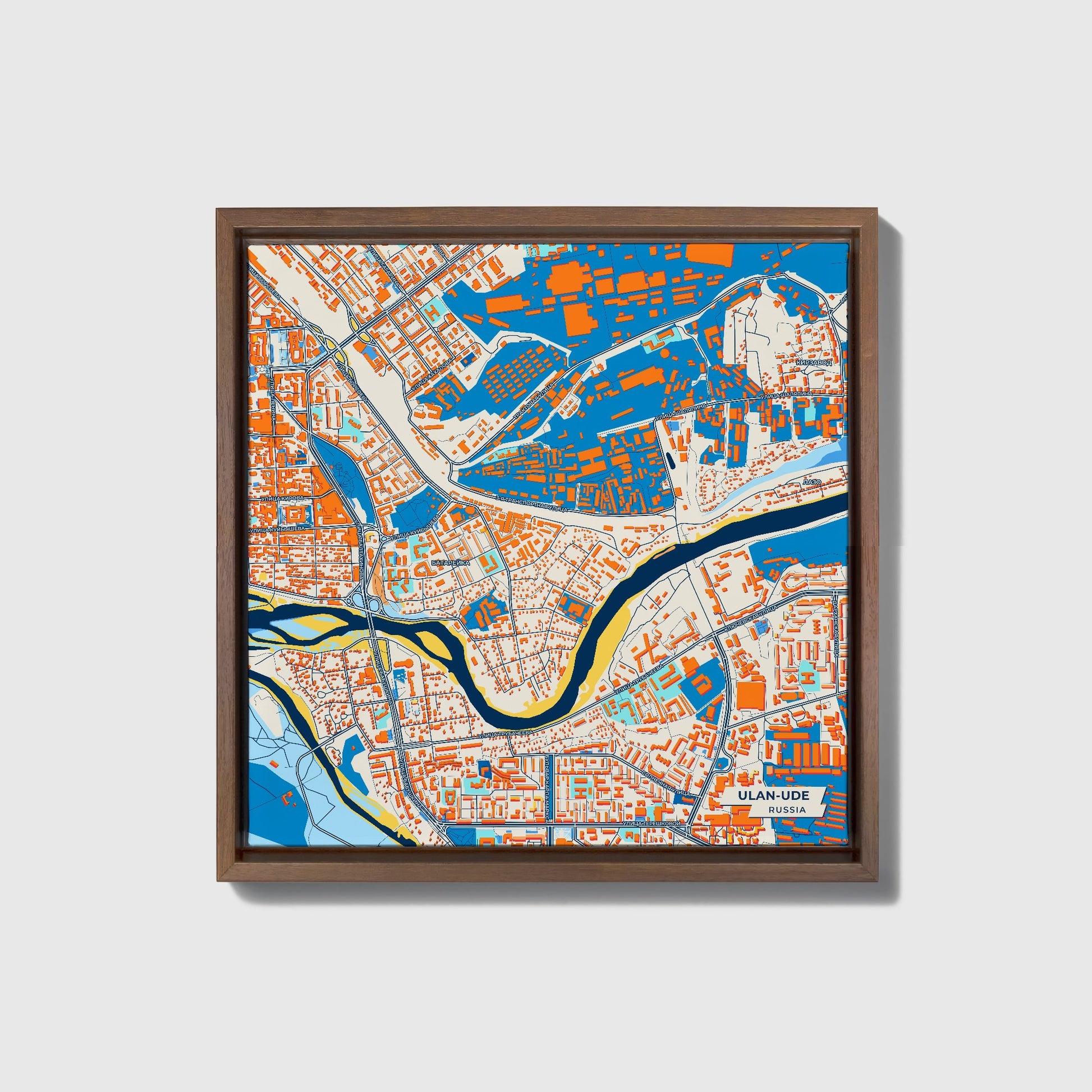 Улан-Удэ Russia Colorful City Map Canvas Print • Dark Wooden Framed