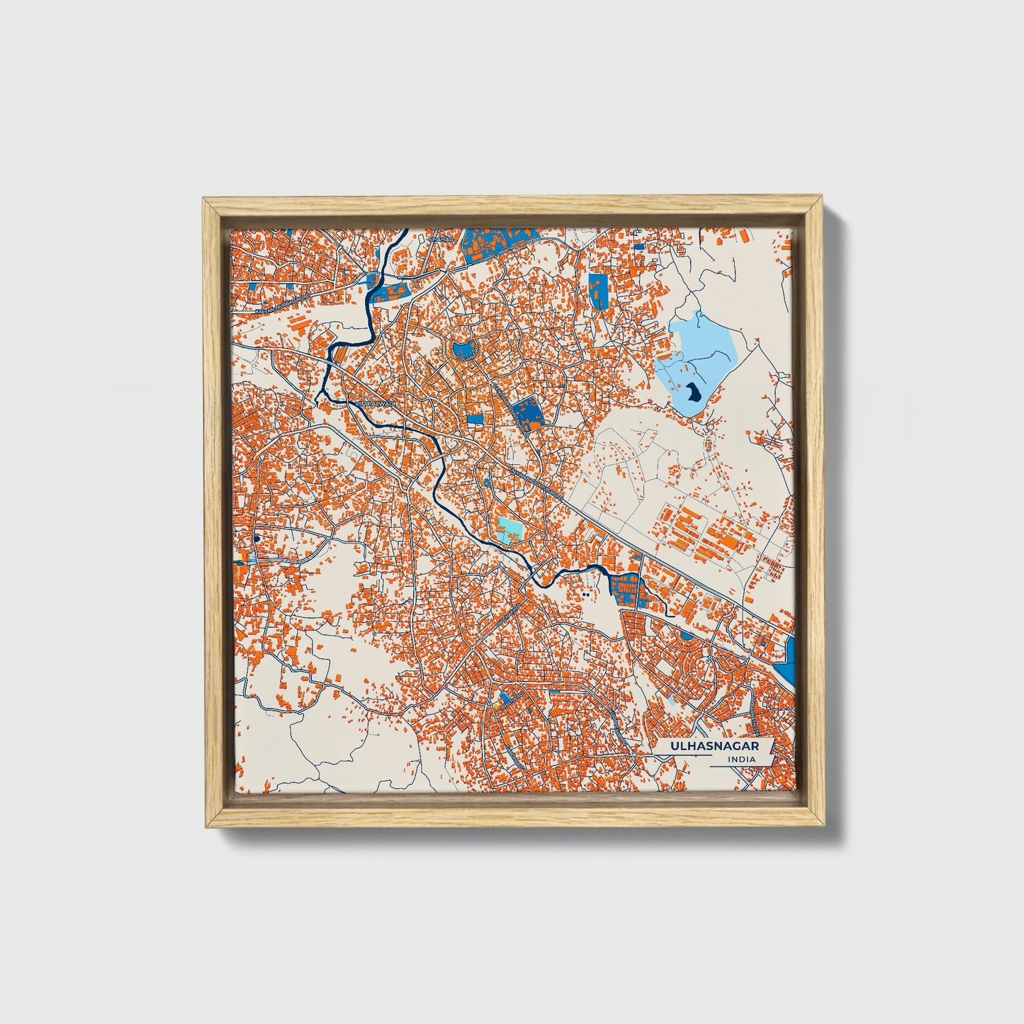 Ulhasnagar India Colorful City Map Canvas Print • Natural Wooden Framed