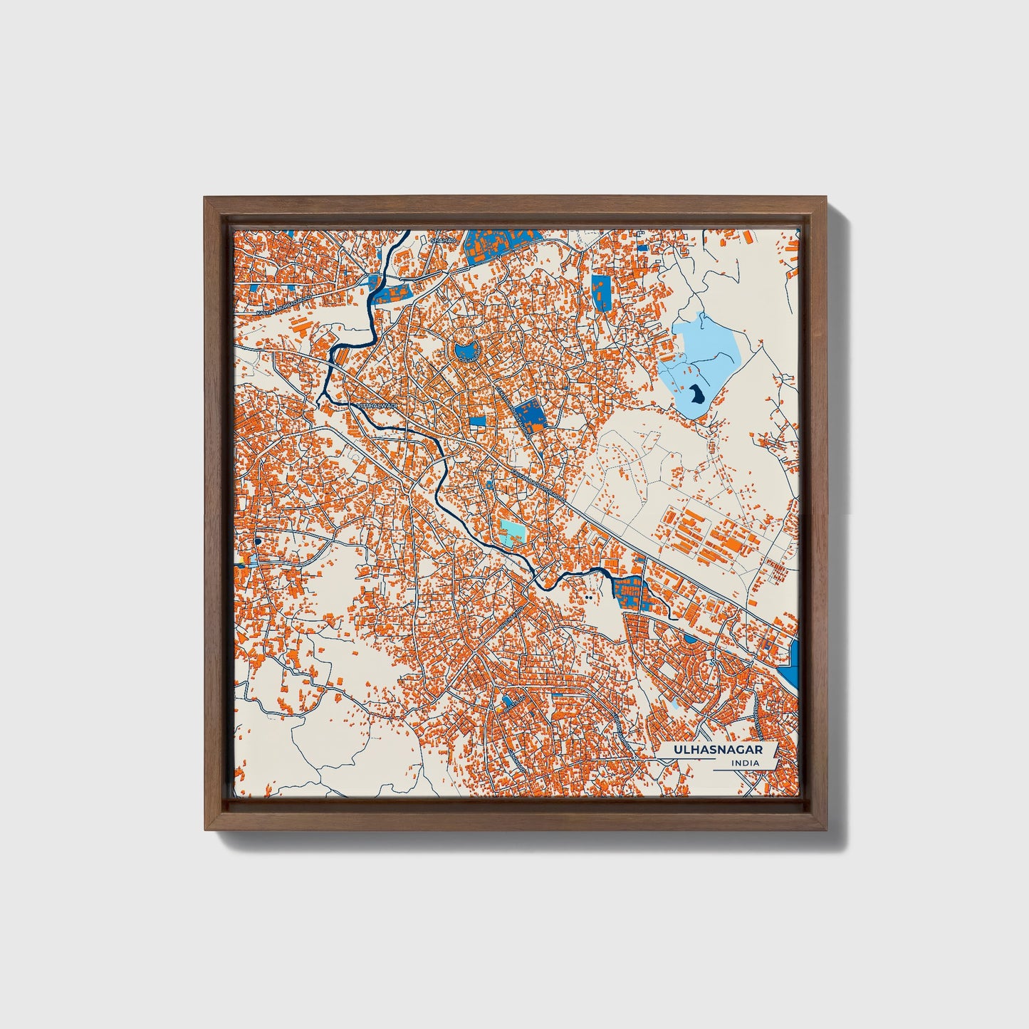 Ulhasnagar India Colorful City Map Canvas Print • Dark Wooden Framed