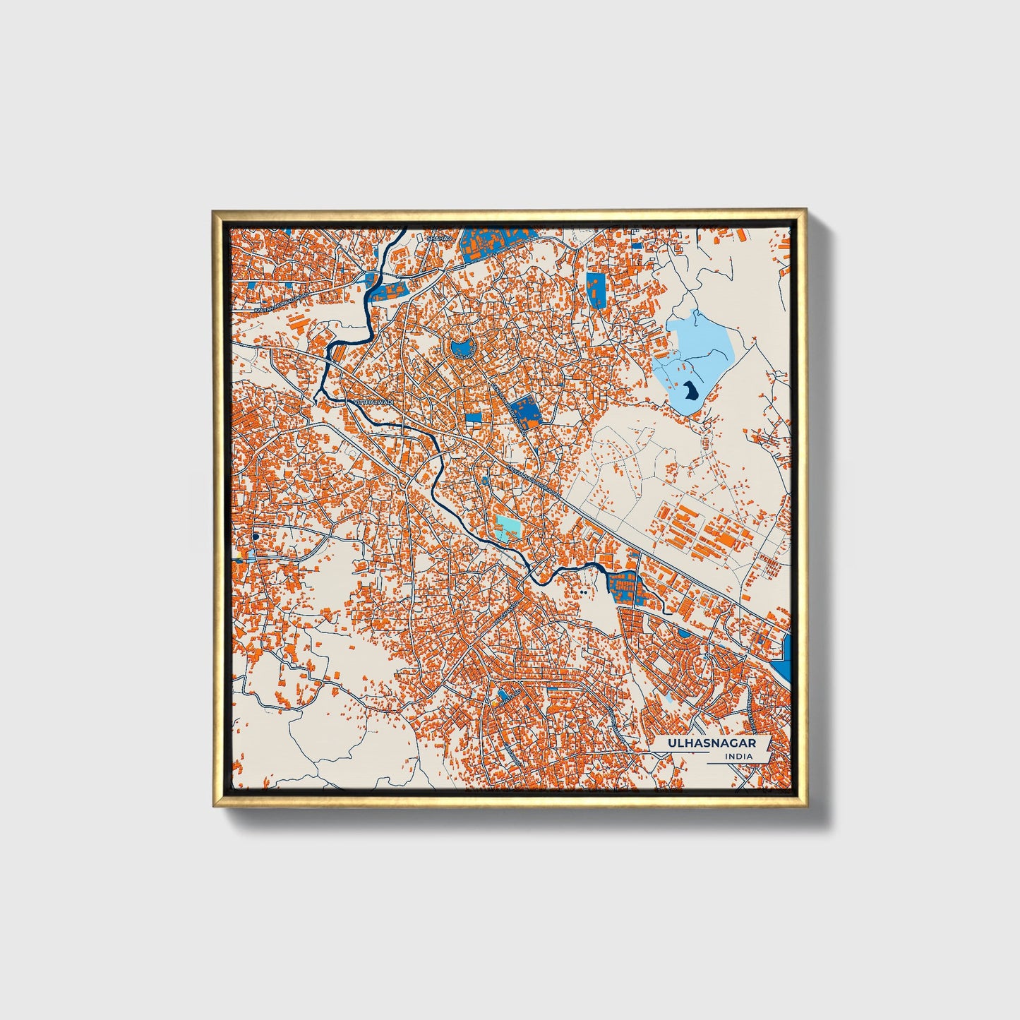 Ulhasnagar India Colorful City Map Canvas Print • Gold Framed