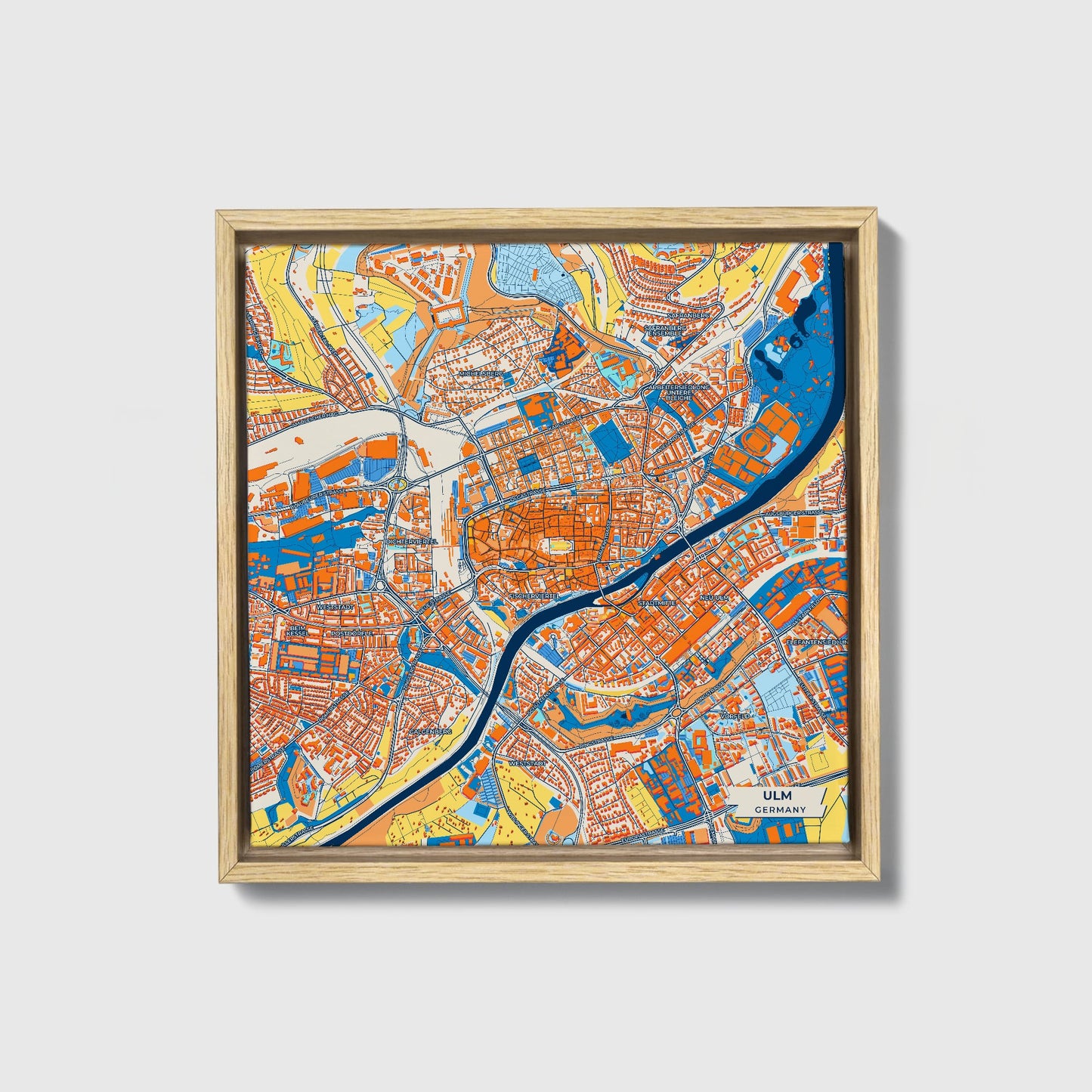 Ulm Germany Colorful City Map Canvas Print • Natural Wooden Framed