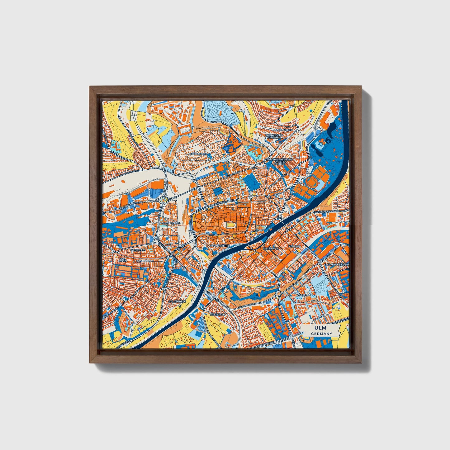 Ulm Germany Colorful City Map Canvas Print • Dark Wooden Framed