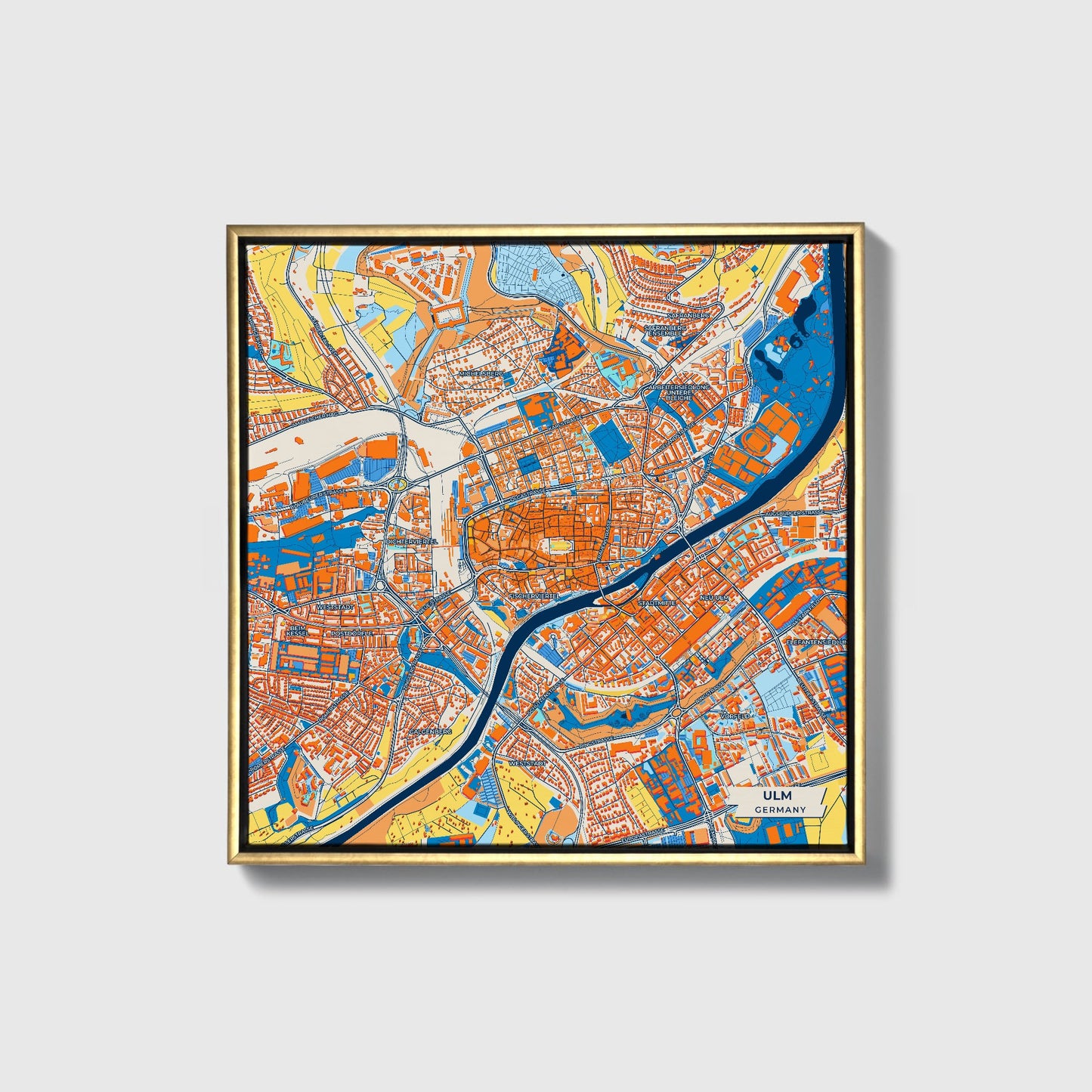 Ulm Germany Colorful City Map Canvas Print • Gold Framed