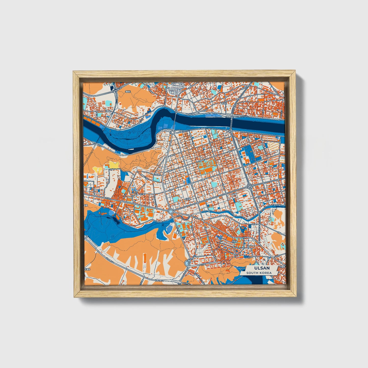 Ulsan South Korea Colorful City Map Canvas Print • Natural Wooden Framed