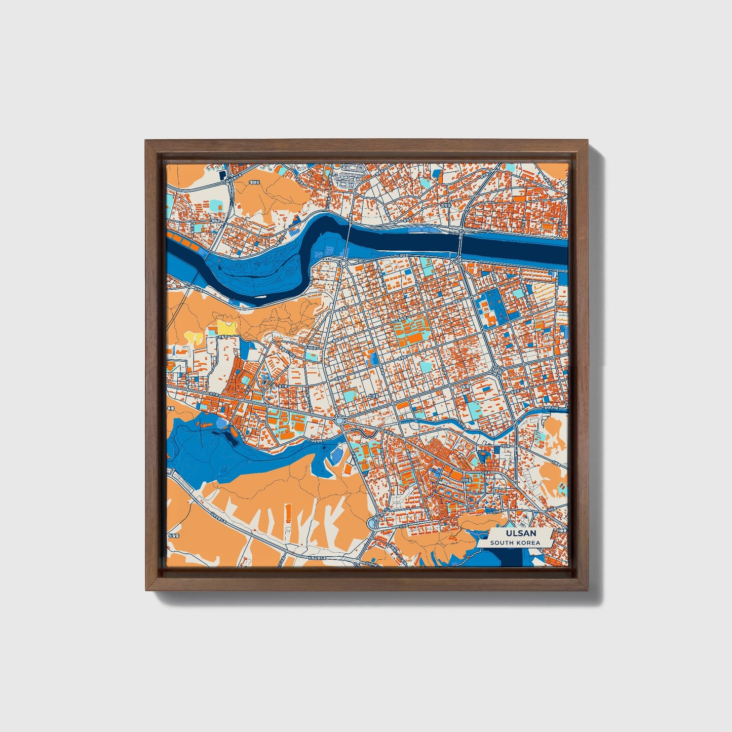Ulsan South Korea Colorful City Map Canvas Print • Dark Wooden Framed