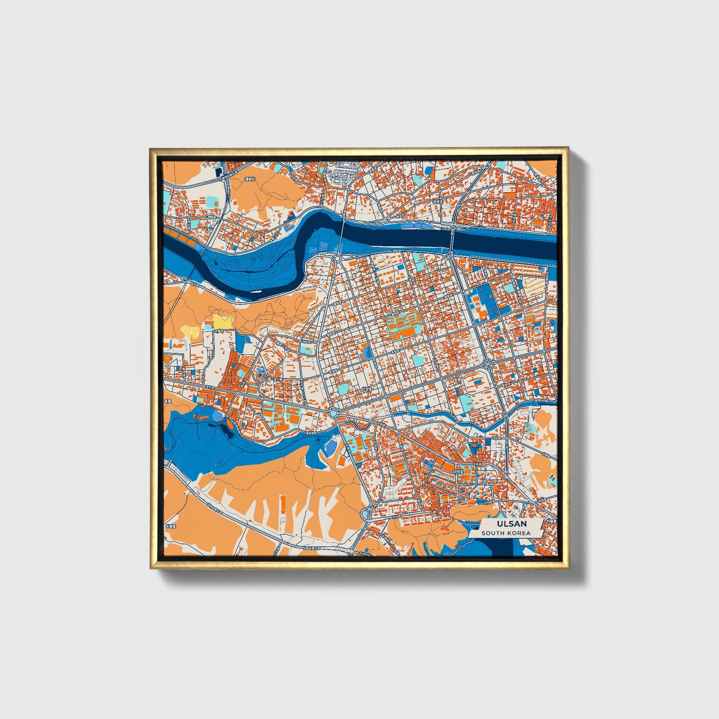 Ulsan South Korea Colorful City Map Canvas Print • Gold Framed